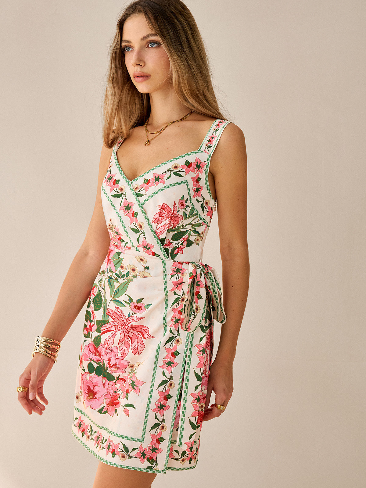 Floral Print Wrap Mini Dress in Luxurious Textured Fabric for Summer