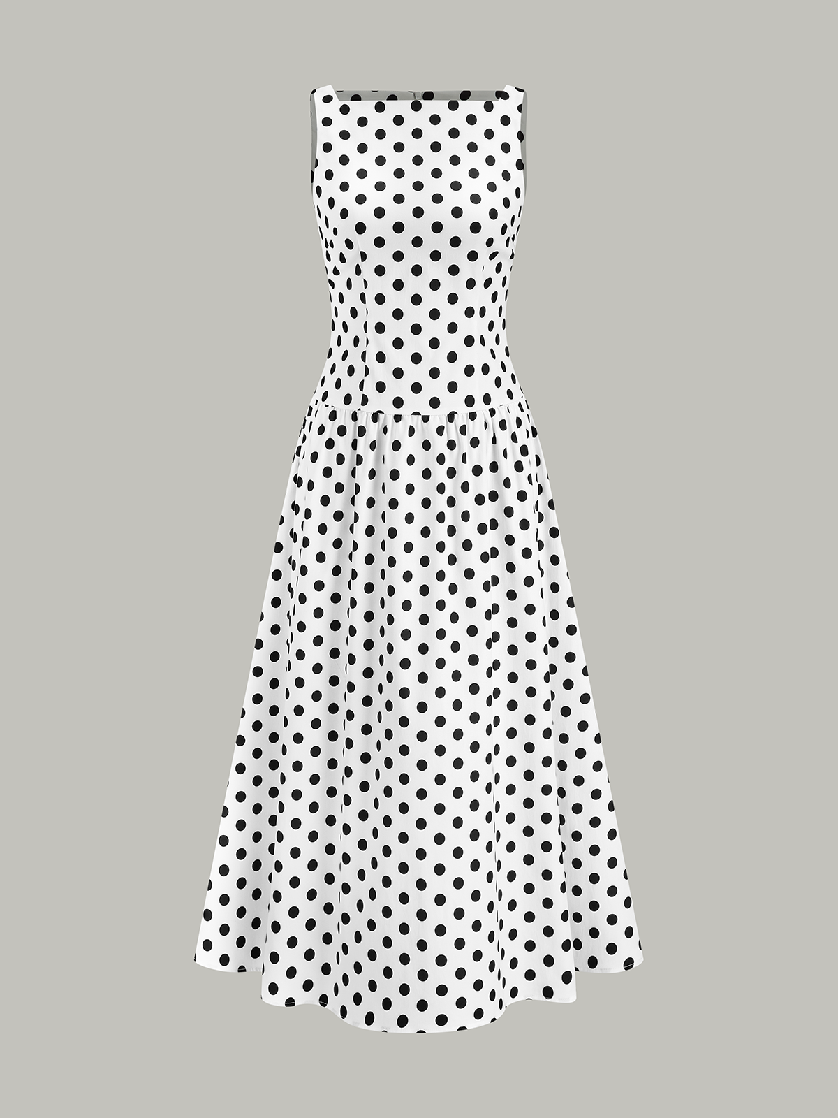 Polka Dot Sleeveless Midi Dress with Belted Waist