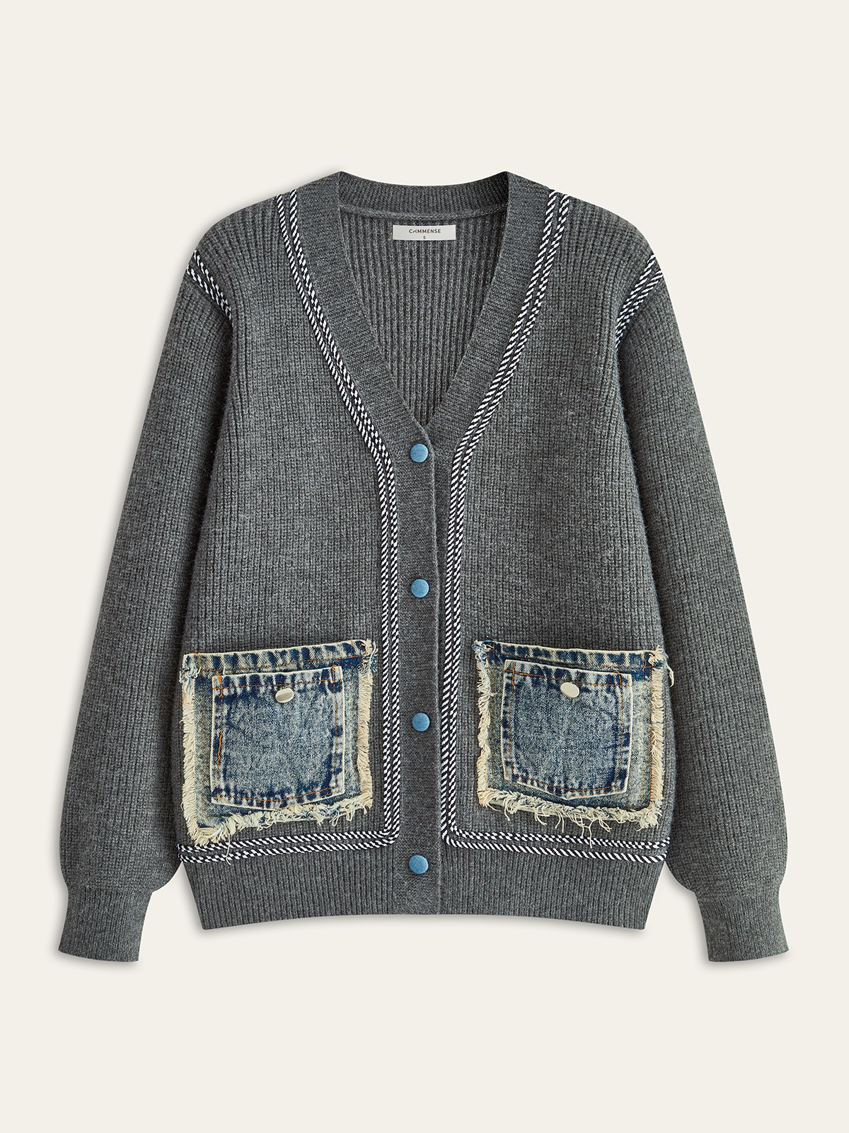 Contrast Trim Denim Panel Cardigan with Stylish Front Pockets