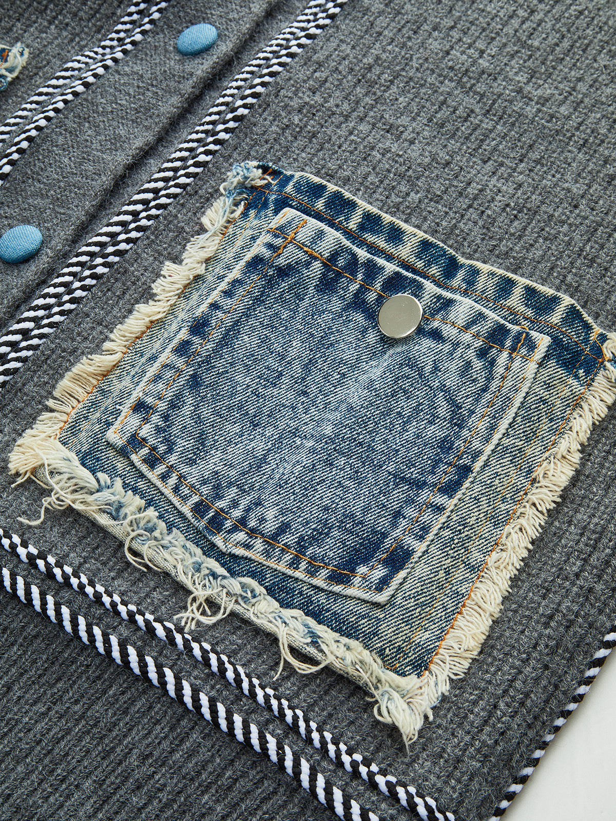 Contrast Trim Denim Panel Cardigan with Stylish Front Pockets