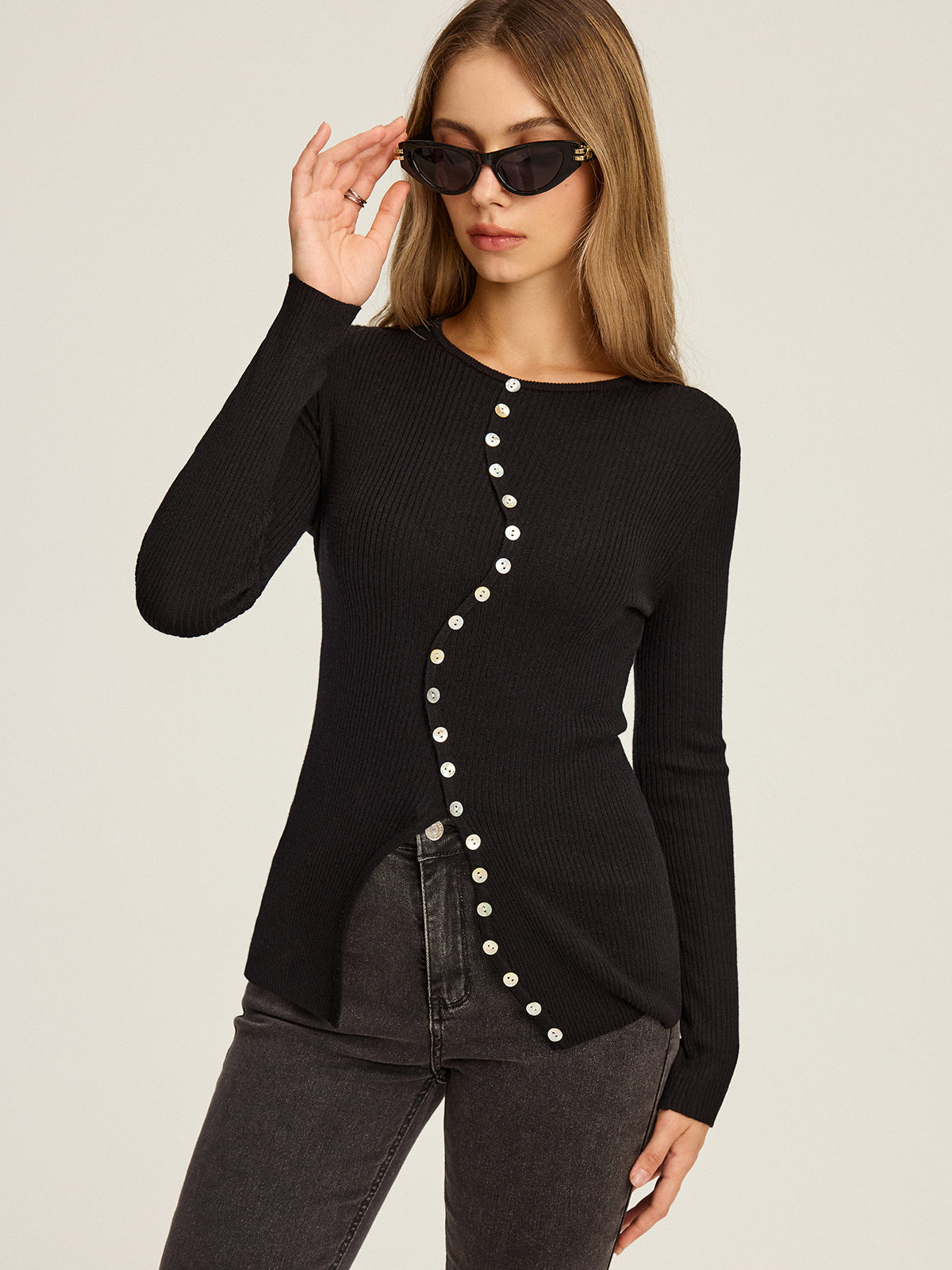 Asymmetric Button-Down Cardigan with Long Sleeves and Pockets