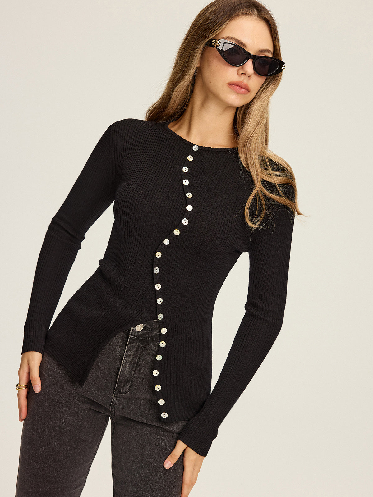 Asymmetric Button-Down Cardigan with Long Sleeves and Pockets