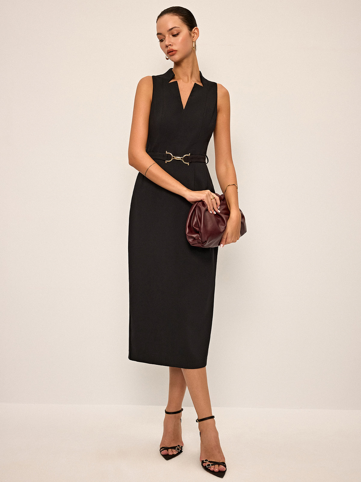 Sleeveless V-Neck Belted Midi Dress for Women Elegant Summer Wear