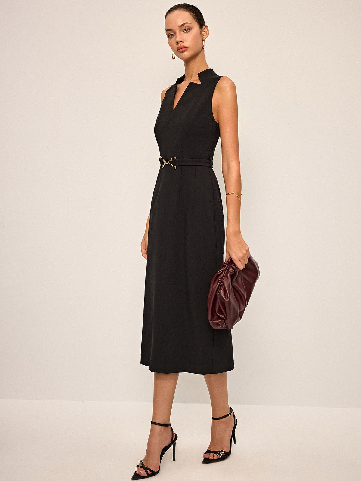 Sleeveless V-Neck Belted Midi Dress for Women Elegant Summer Wear