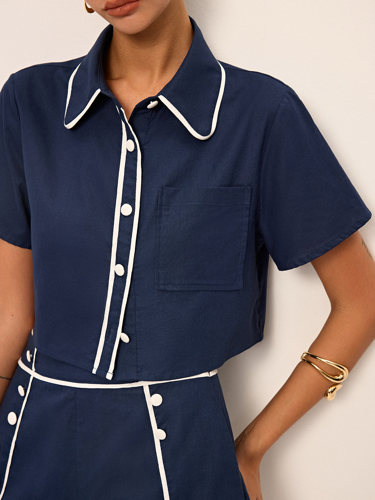 Contrast Piping Crop Shirt and Shorts Set with Elastic Waistband