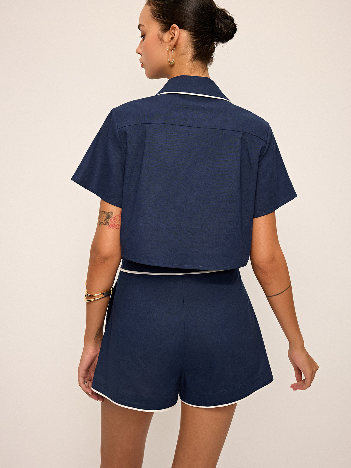 Contrast Piping Crop Shirt and Shorts Set with Elastic Waistband