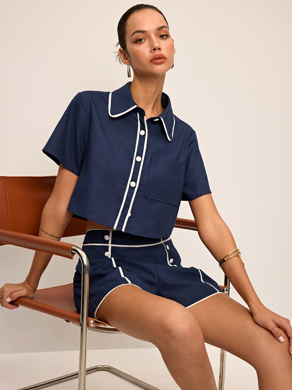Contrast Piping Crop Shirt and Shorts Set with Elastic Waistband