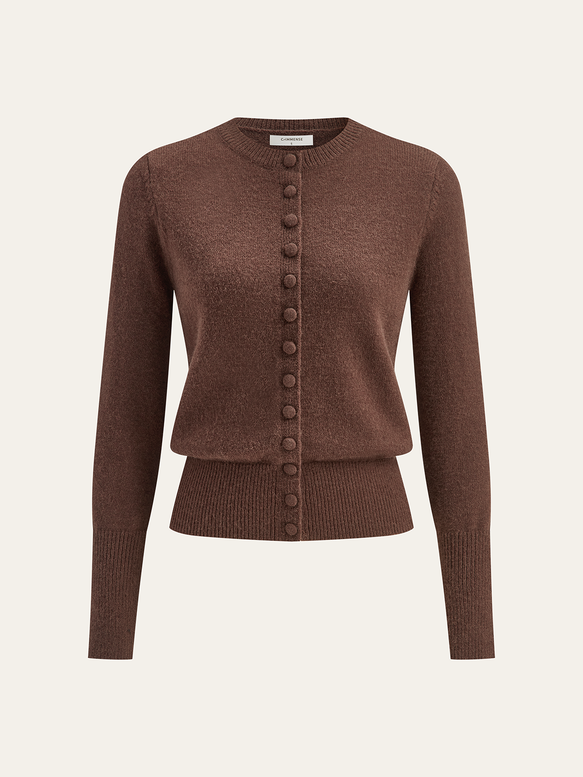 Crew Neck Button-Front Knit Cardigan with Long Sleeves for Women