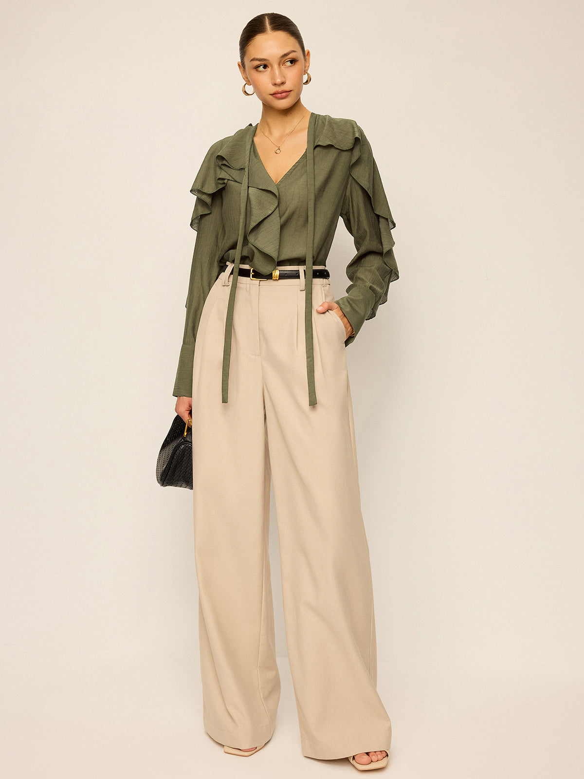 Neckline Tie Ruffled Blouse Elegant Women's Fashion Top