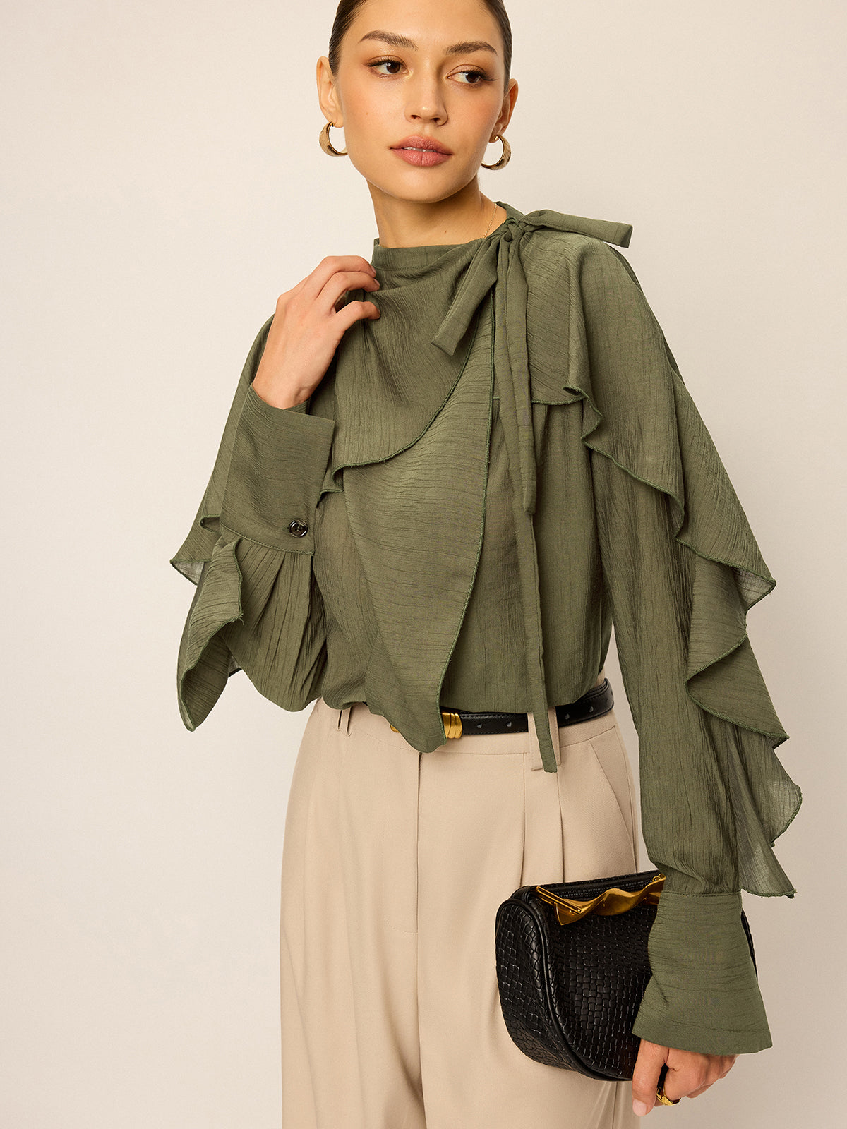 Neckline Tie Ruffled Blouse Elegant Women's Fashion Top