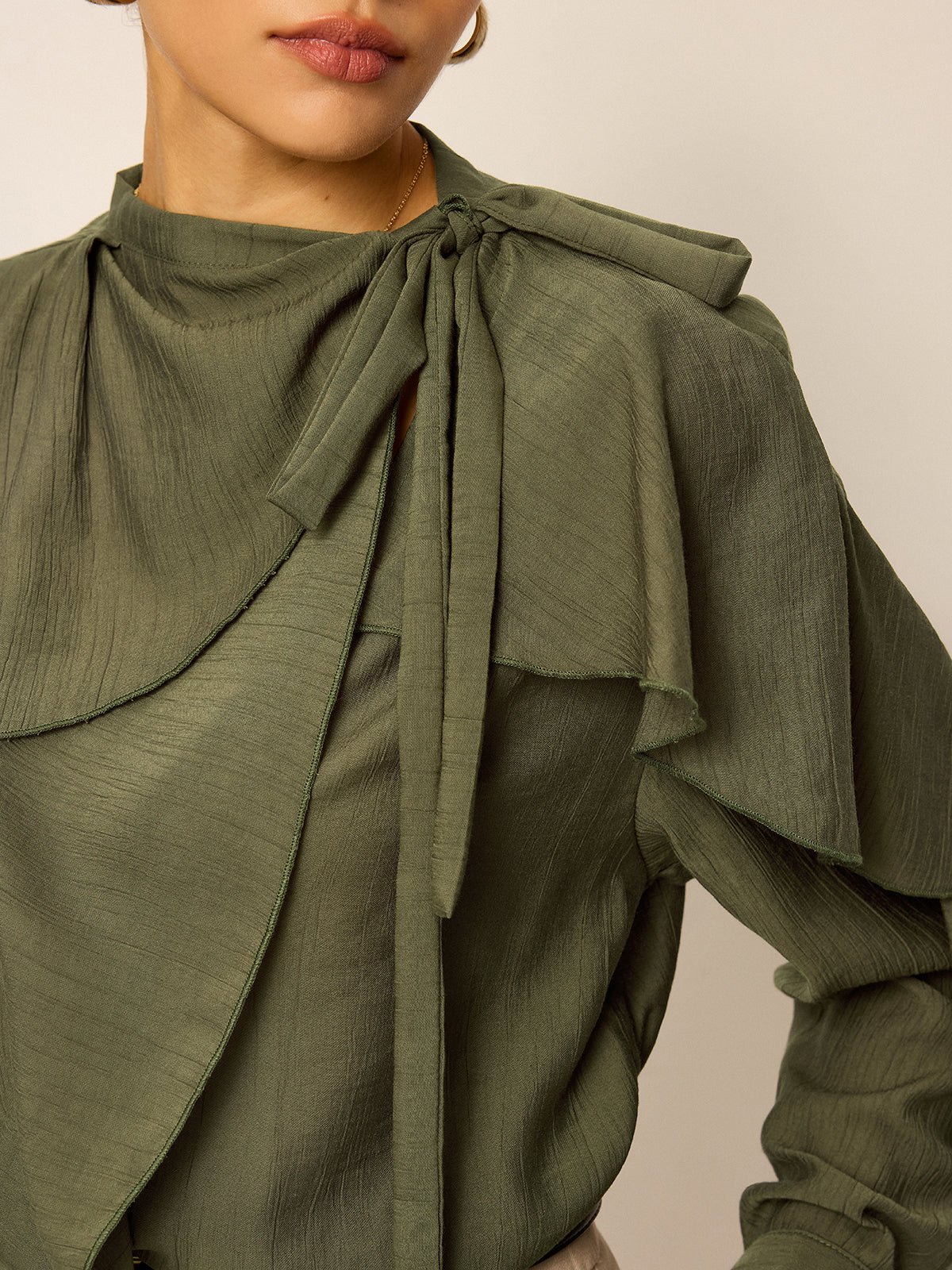 Neckline Tie Ruffled Blouse Elegant Women's Fashion Top
