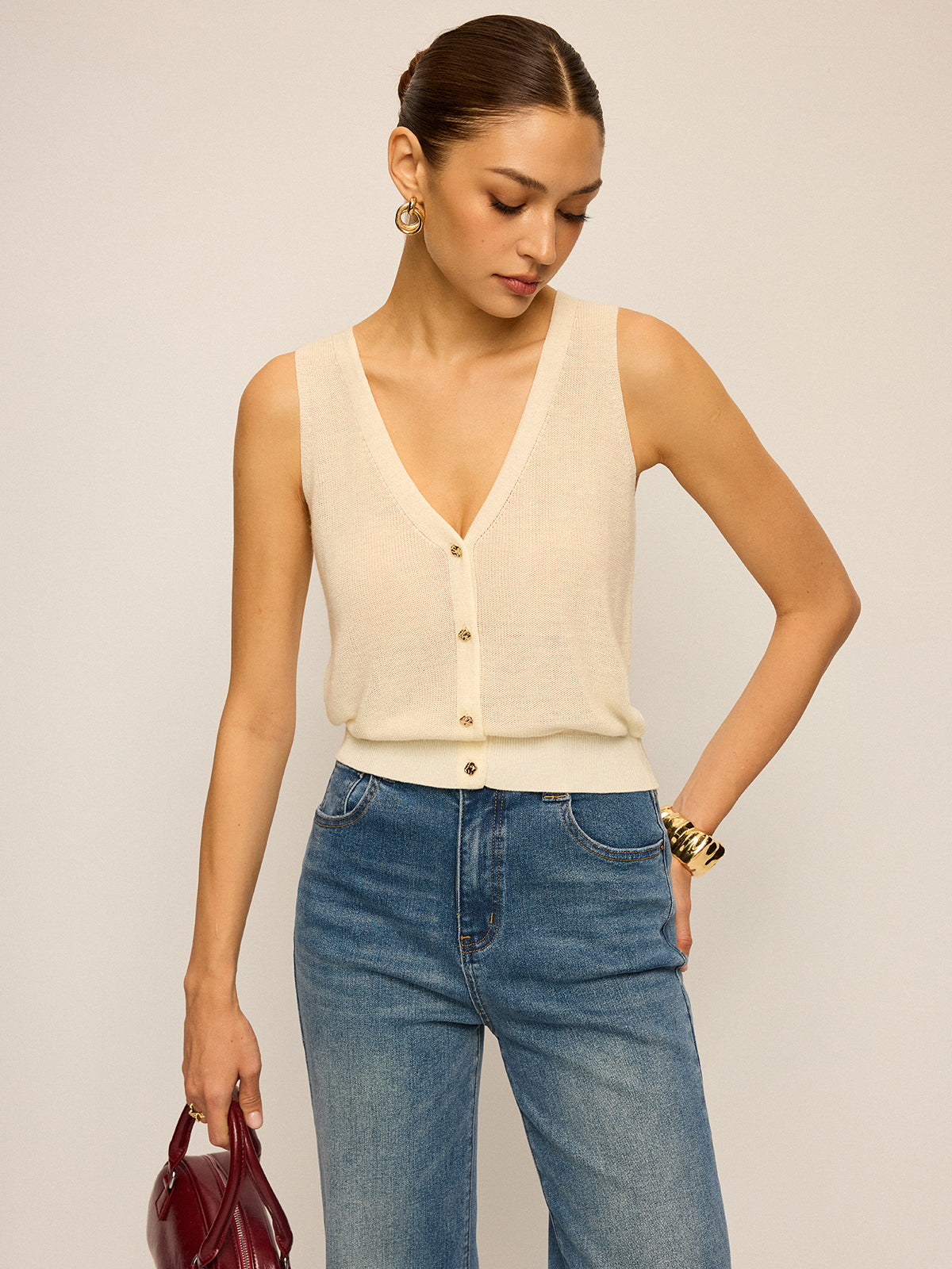 V-Neck Button Knitted Tank Top for Women Casual Summer
