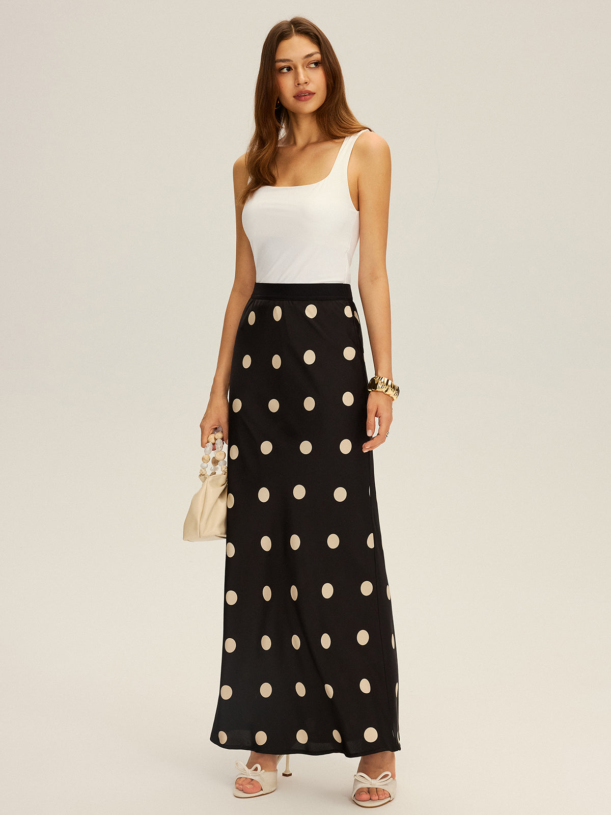 Satin Polka Dot Maxi Skirt for Women, Flowy and Elegant.
