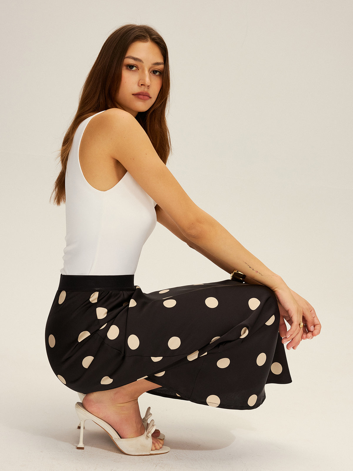 Satin Polka Dot Maxi Skirt for Women, Flowy and Elegant.