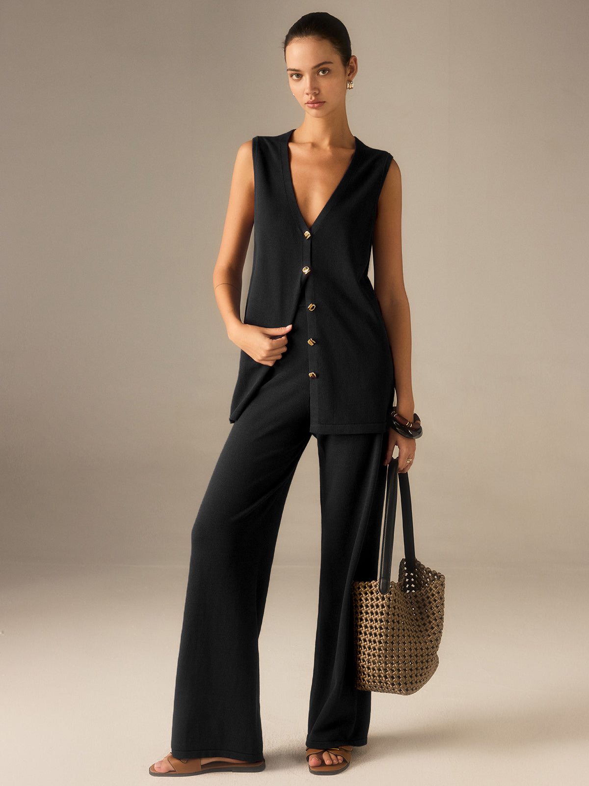 Golden Button Knit Vest Pants Set for Women, Stylish Casual Outfit