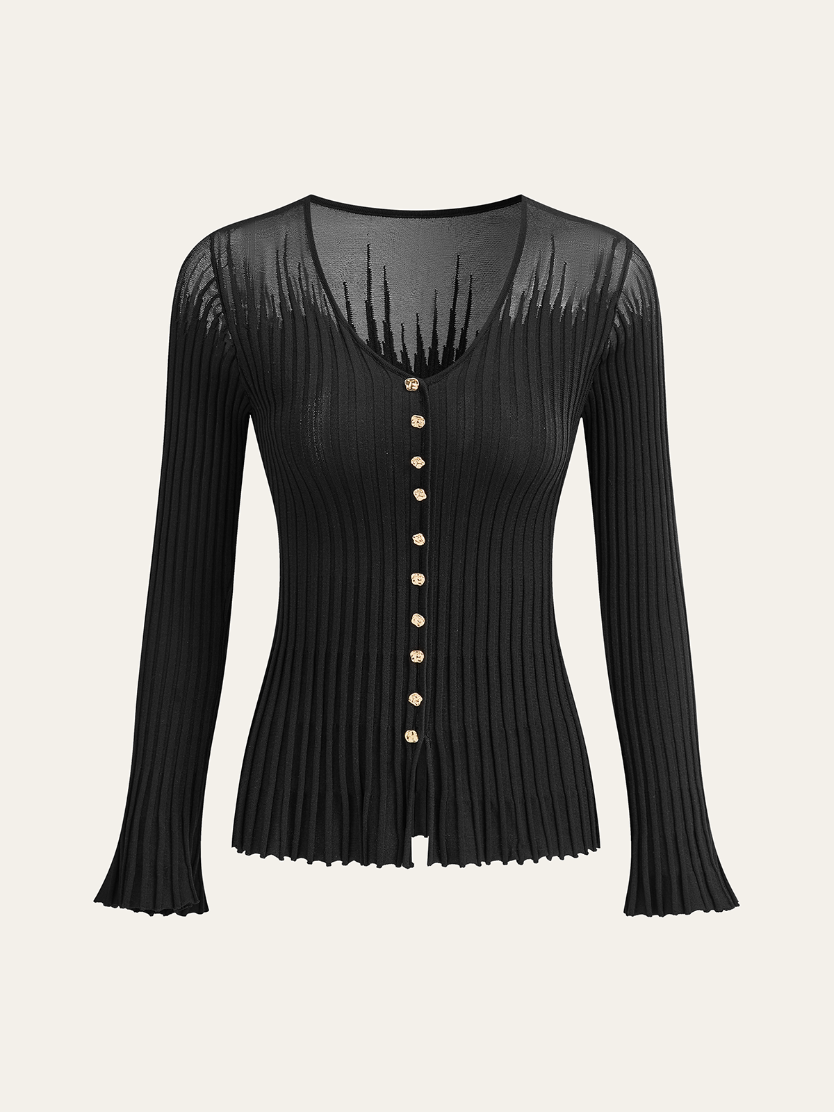 Mesh Panel Ribbed Knit Top - Long Sleeve Casual Wear