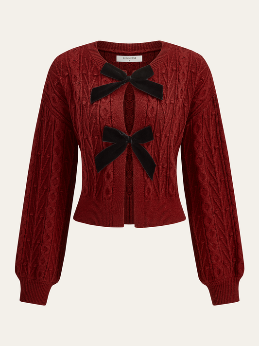 Wool Blend Bow Cable-Knit Cardigan for Women Cozy Winter Wear