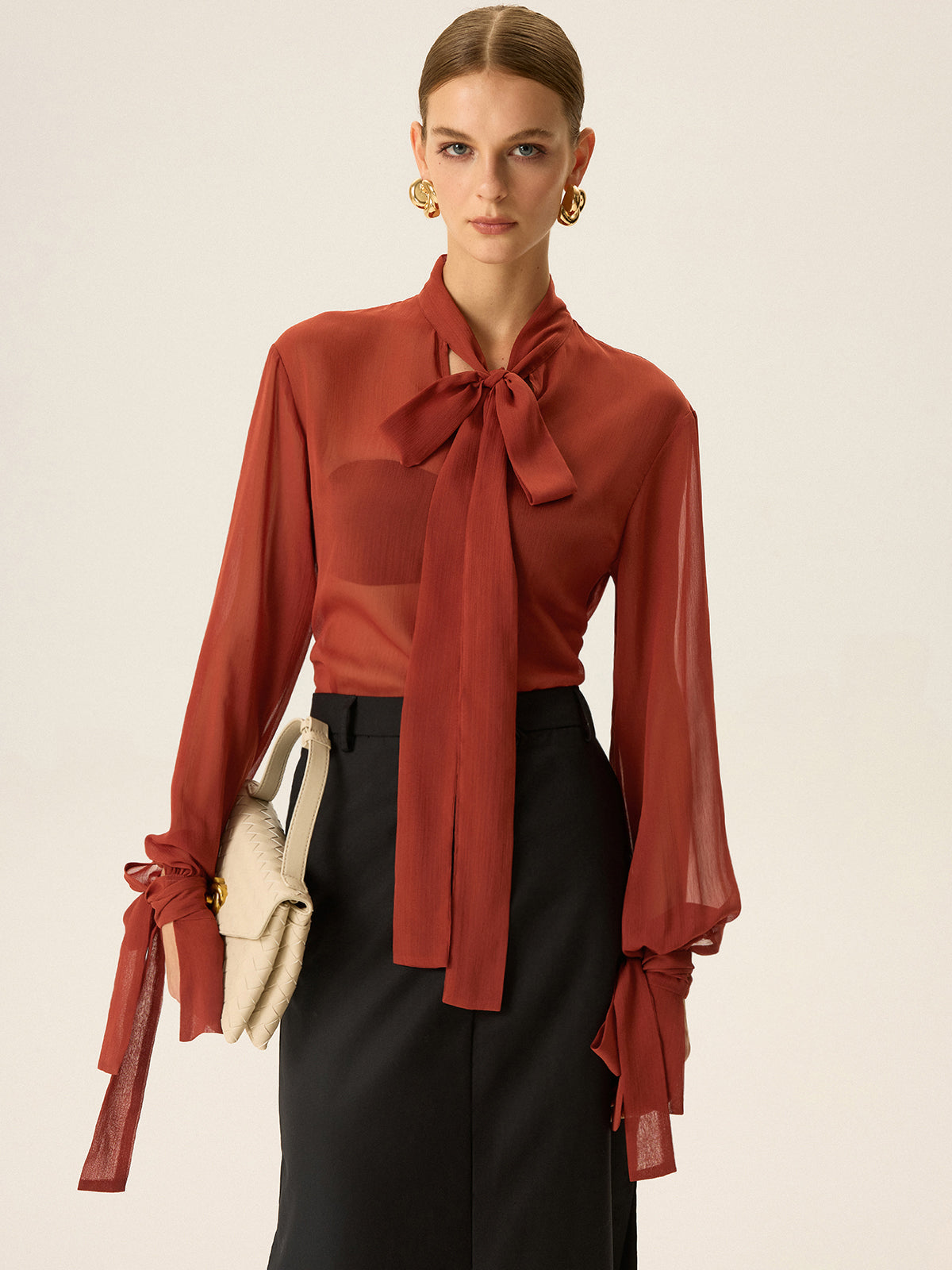 Semi-Sheer Chiffon Tie Neck Blouse for Women Casual or Office