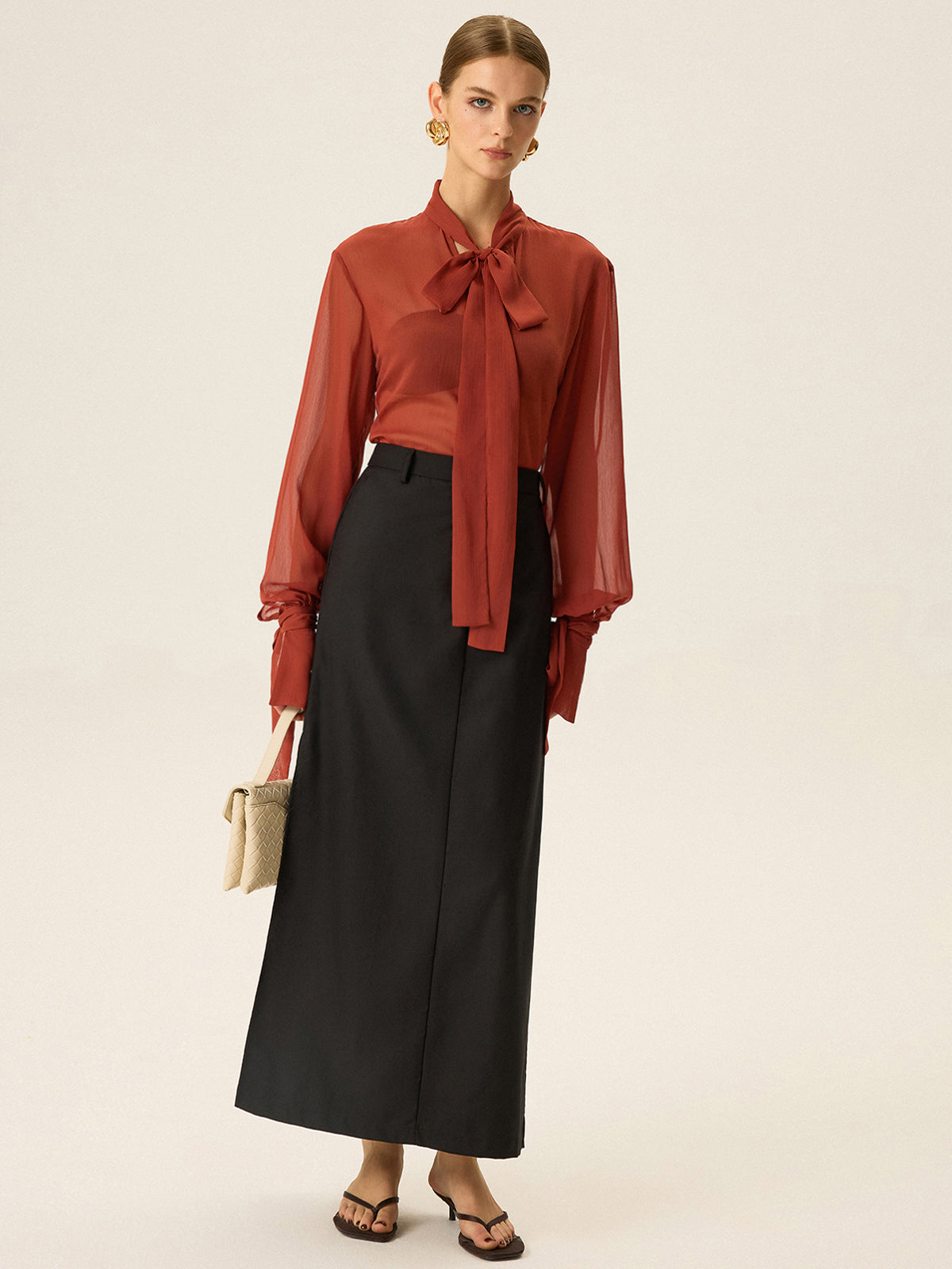 Semi-Sheer Chiffon Tie Neck Blouse for Women Casual or Office