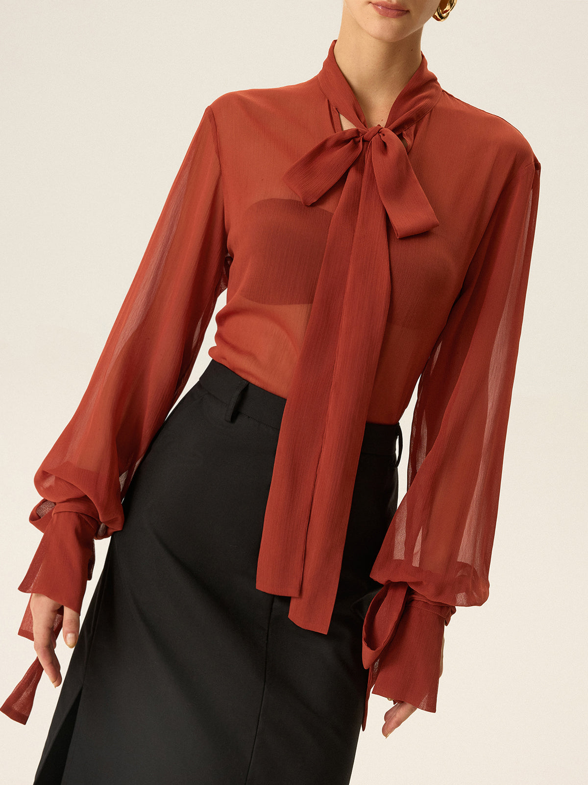 Semi-Sheer Chiffon Tie Neck Blouse for Women Casual or Office