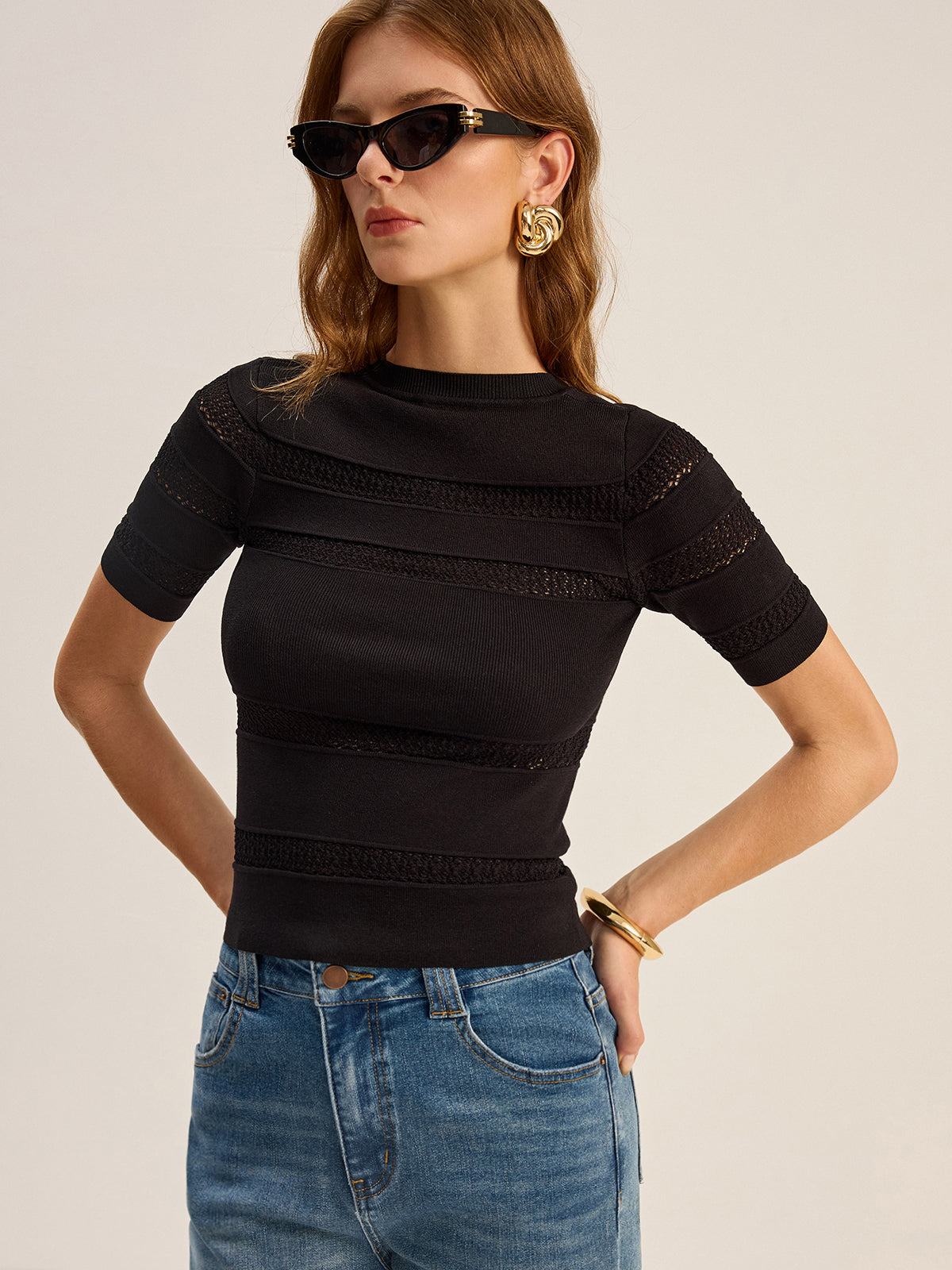 Crochet Detail Knit Top for Women Casual Wear