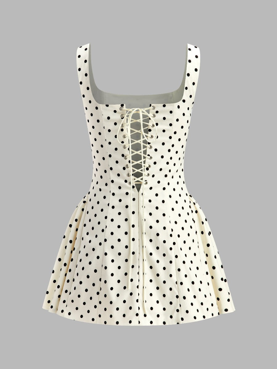 Polka Dot Lace-Up Back Dress with Flared Skirt Detail