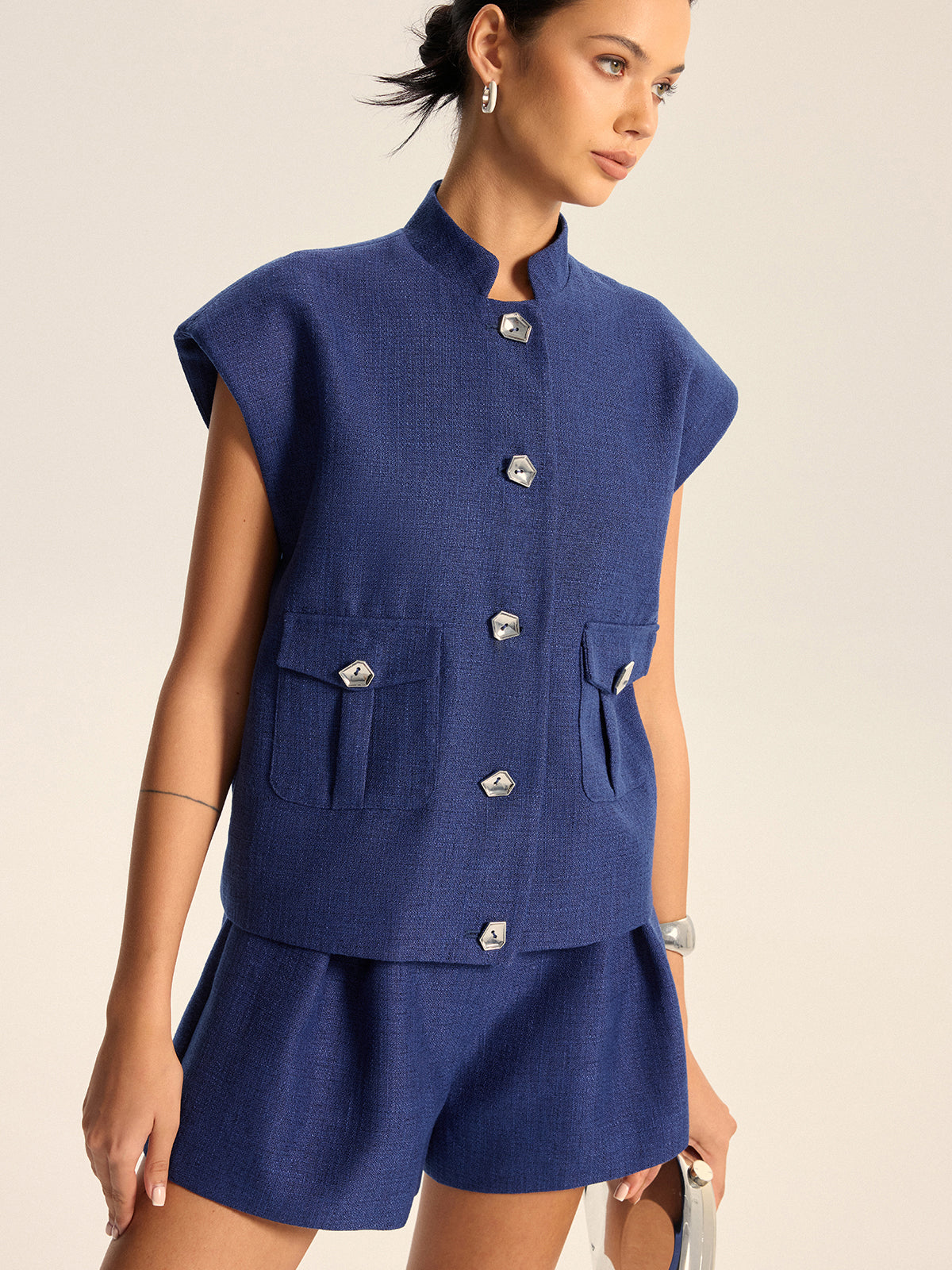 Cap Sleeve Collared Vest for Women with Button Detailing