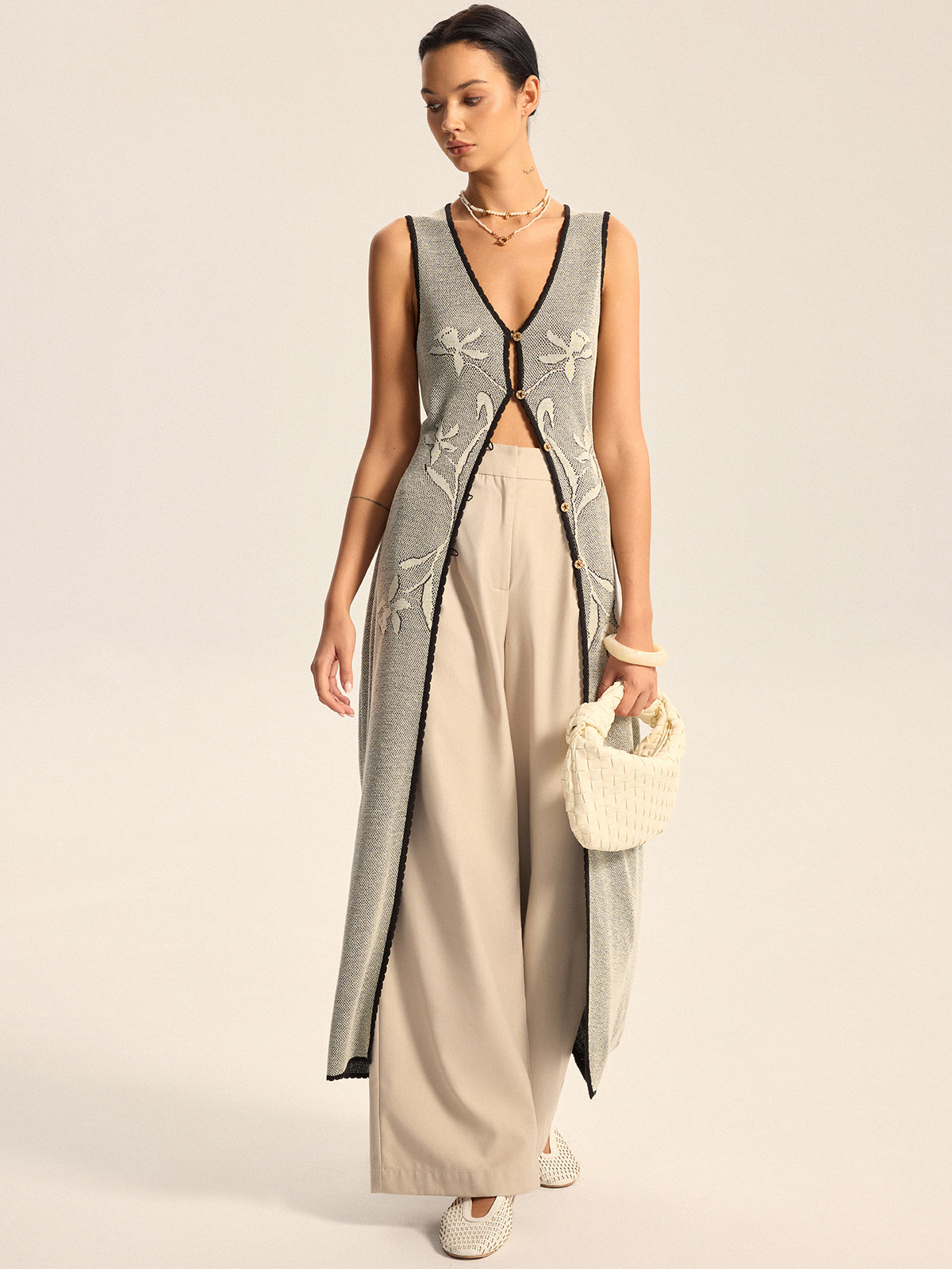 Floral Contrast Trim Knit Maxi Vest with Side Pockets and Belt