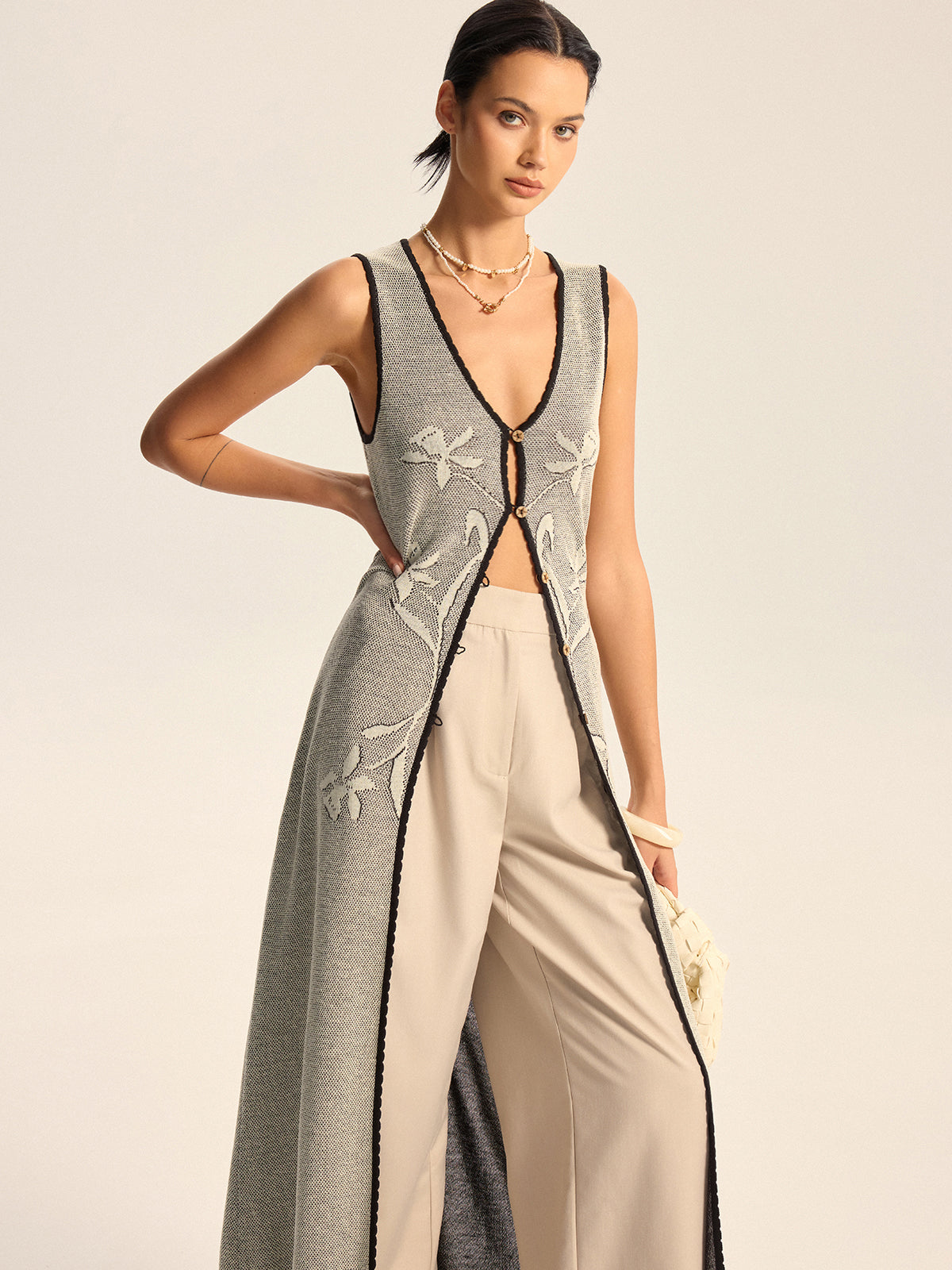 Floral Contrast Trim Knit Maxi Vest with Side Pockets and Belt
