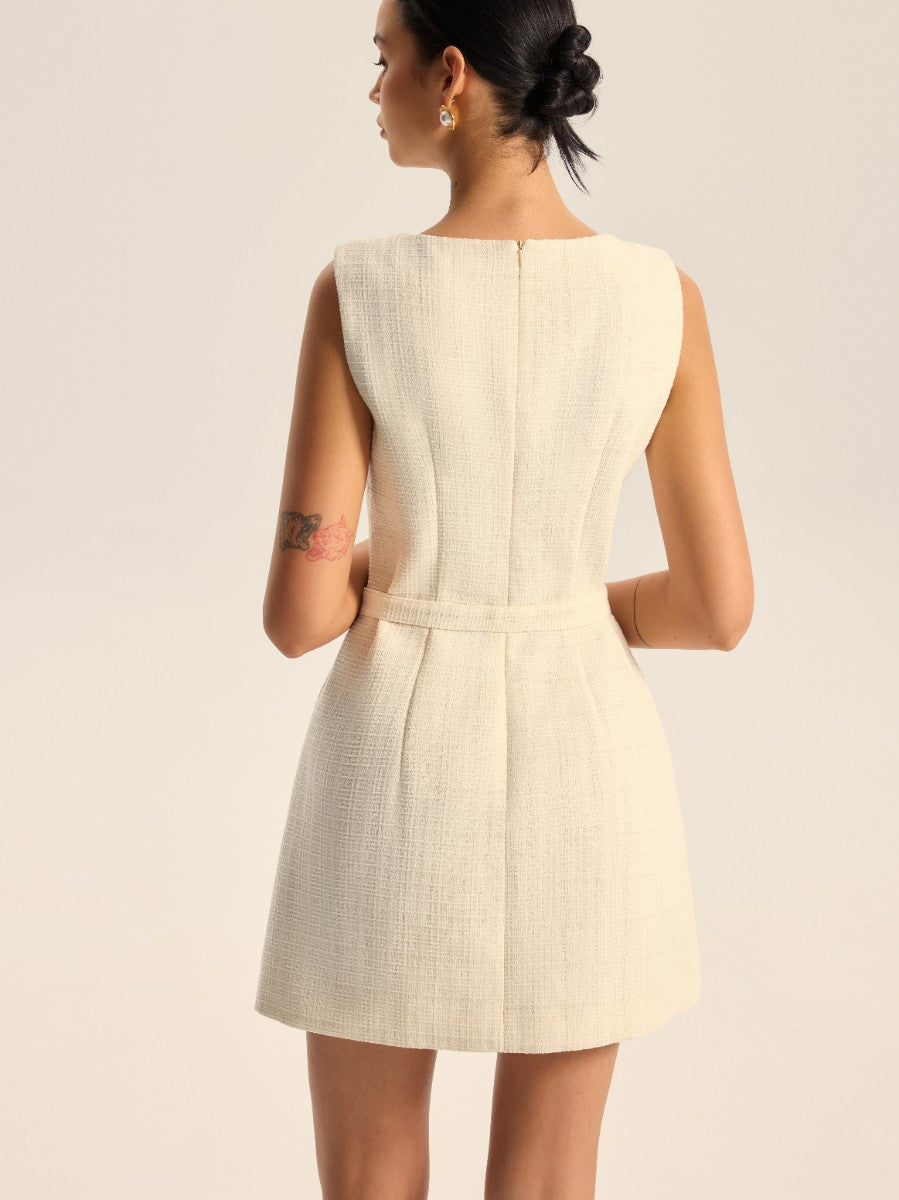 Tweed Slit Mini Dress with Detachable Belt, Elegant Office Wear