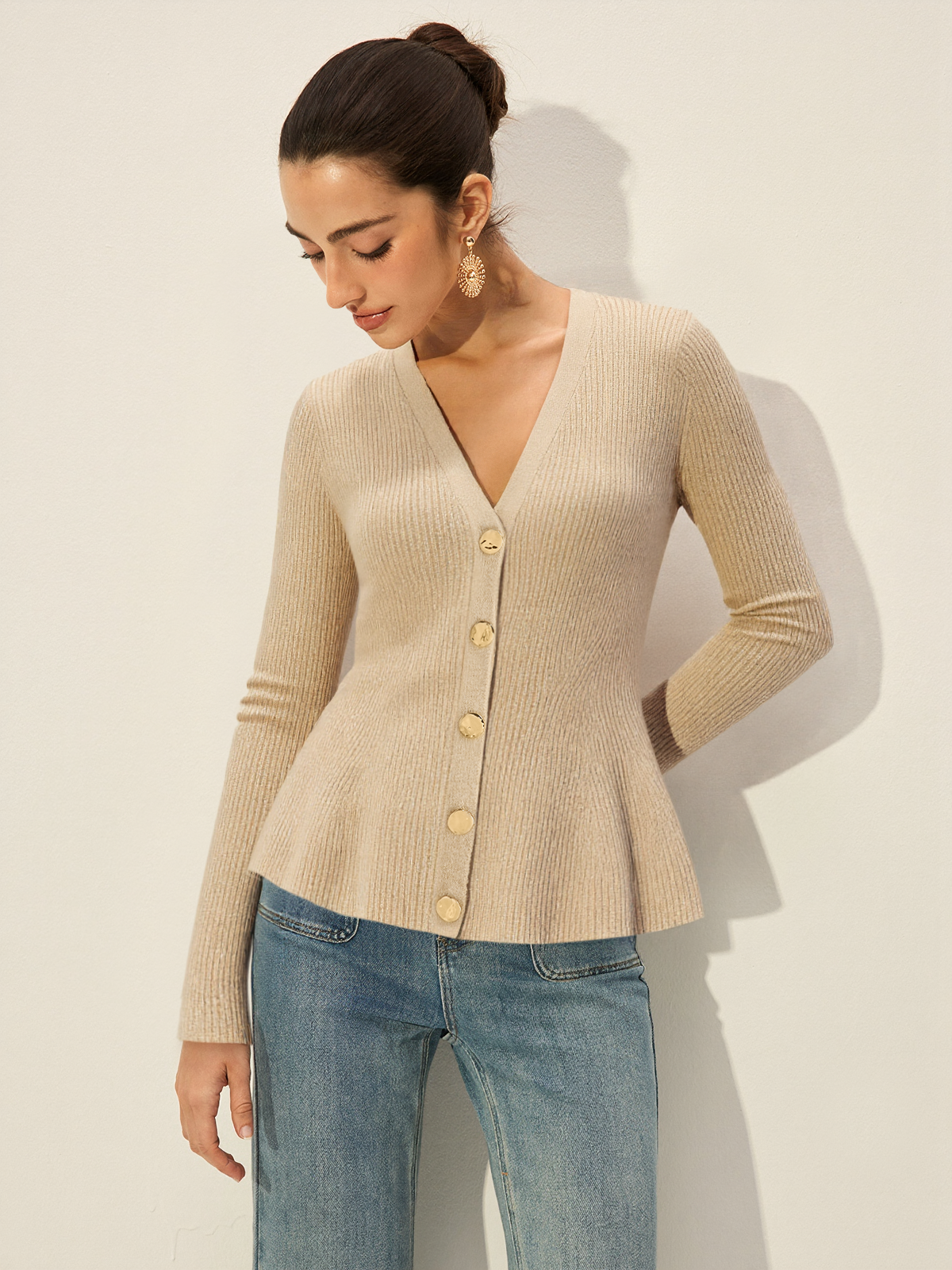 Women's Stylish Fitted V-Neck Button Ribbed Cardigan Sweater