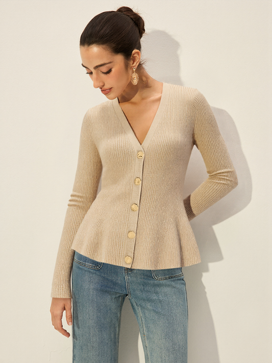 Women's Stylish Fitted V-Neck Button Ribbed Cardigan Sweater