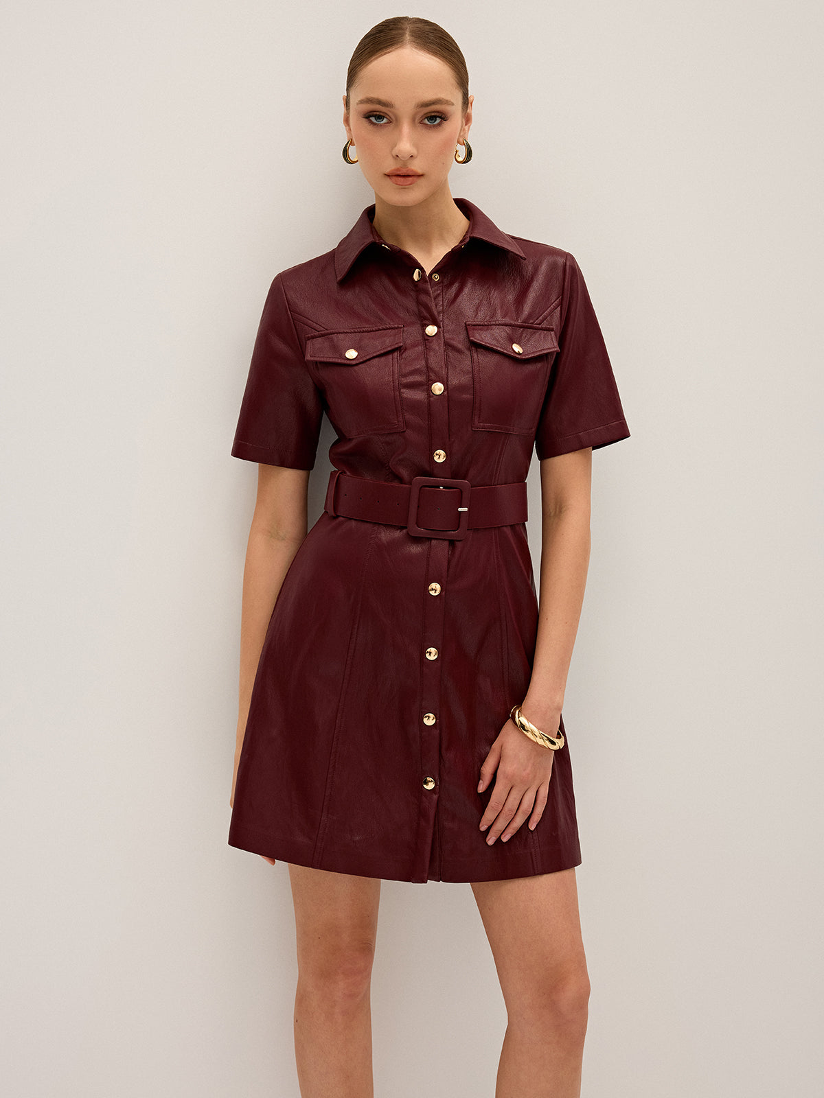Shirt Collar Belted PU Leather Mini Dress Trendy Women's Fashion 2023