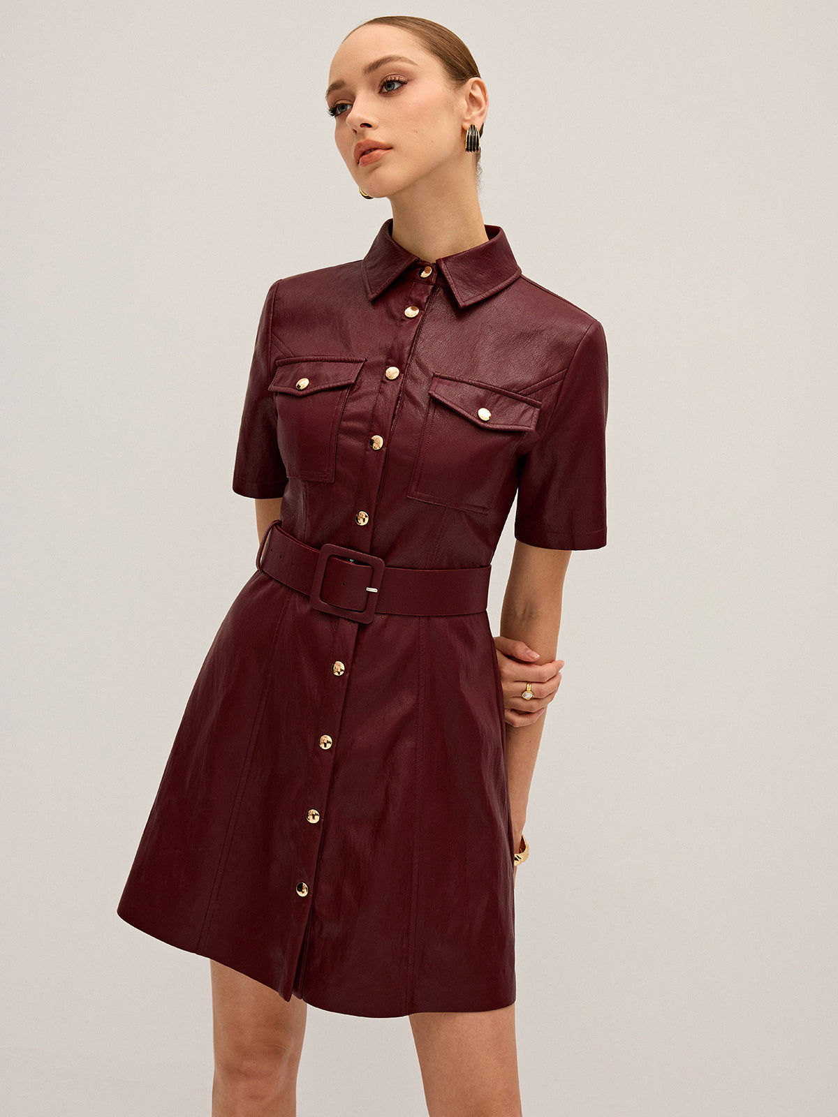 Shirt Collar Belted PU Leather Mini Dress Trendy Women's Fashion 2023
