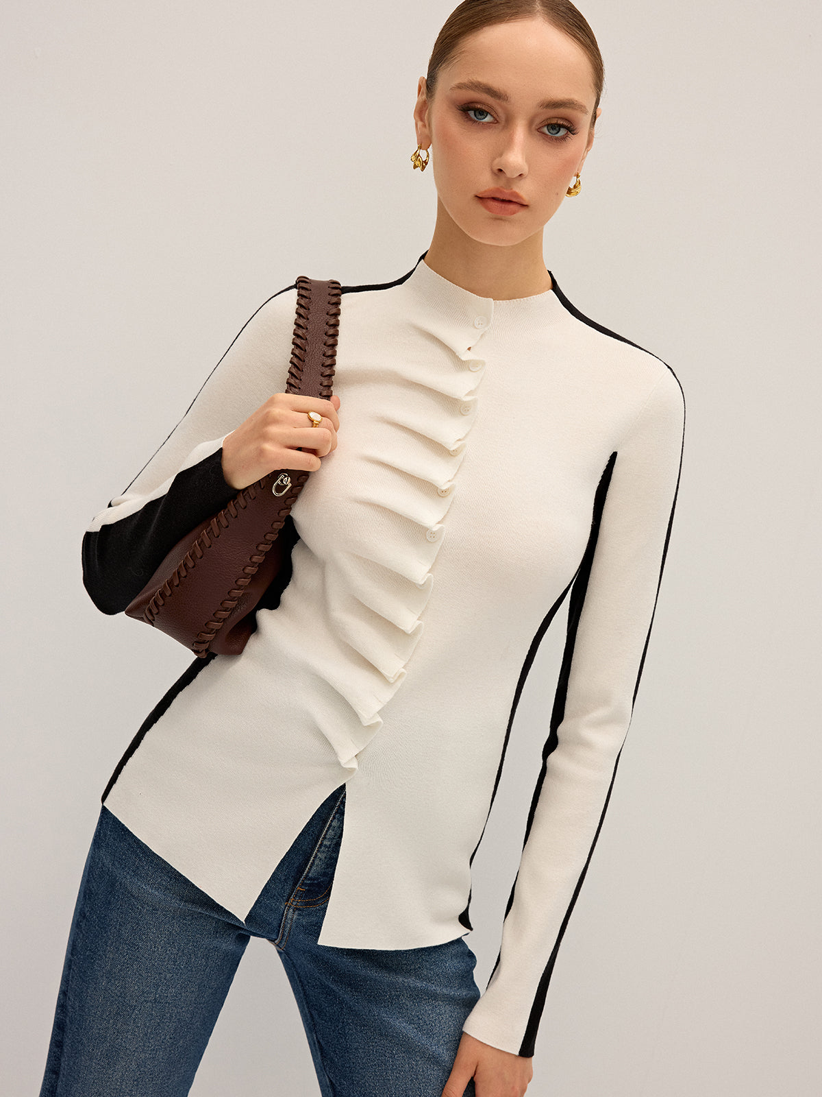Ruffle Button Fitted Knit Top for Women Casual Wear