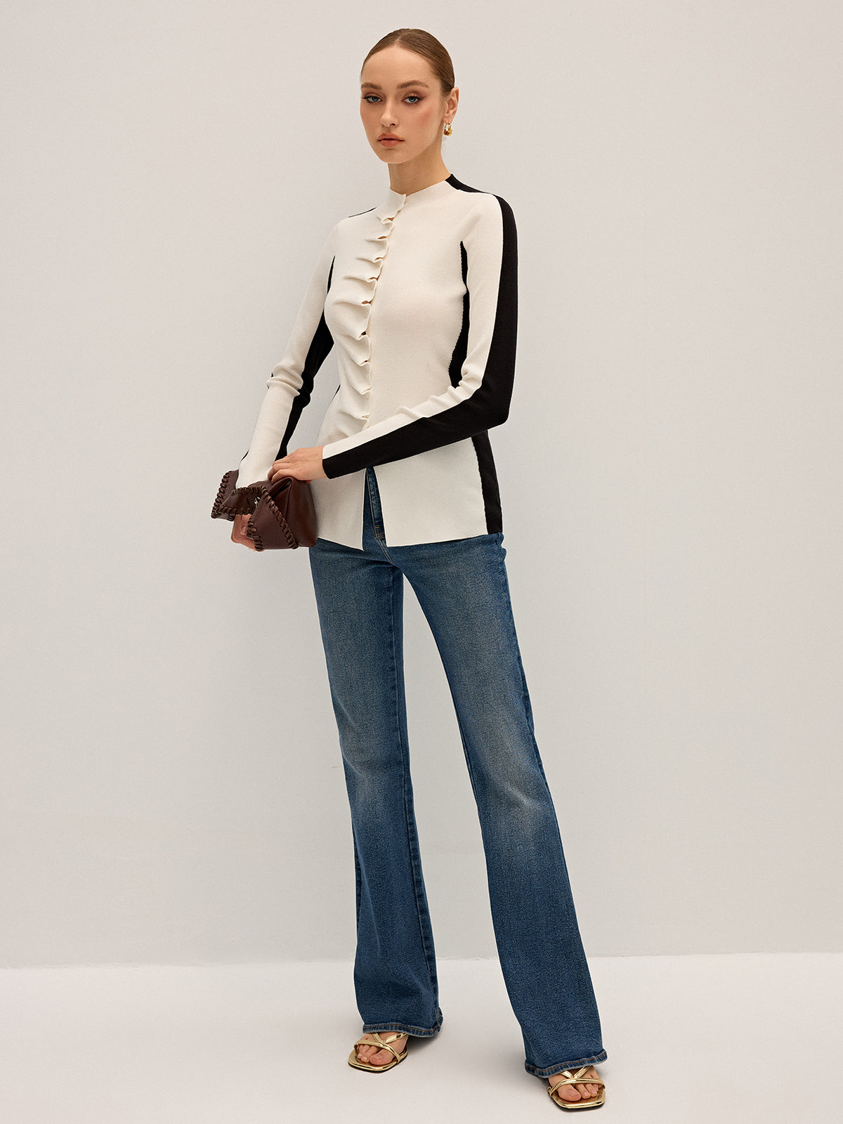 Ruffle Button Fitted Knit Top for Women Casual Wear