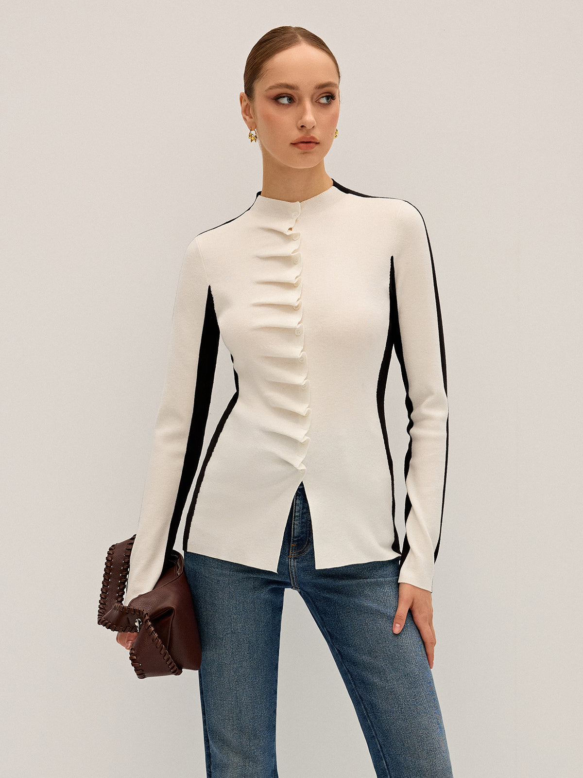 Ruffle Button Fitted Knit Top for Women Casual Wear