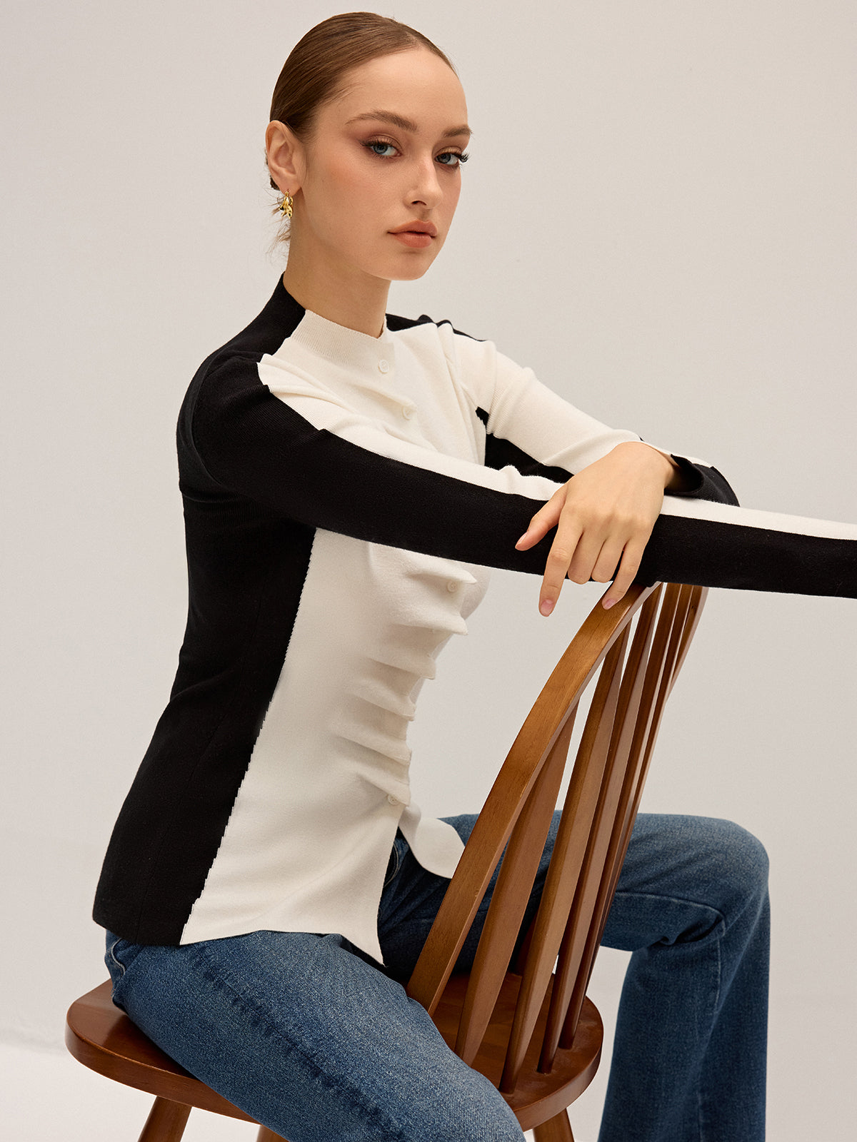 Ruffle Button Fitted Knit Top for Women Casual Wear
