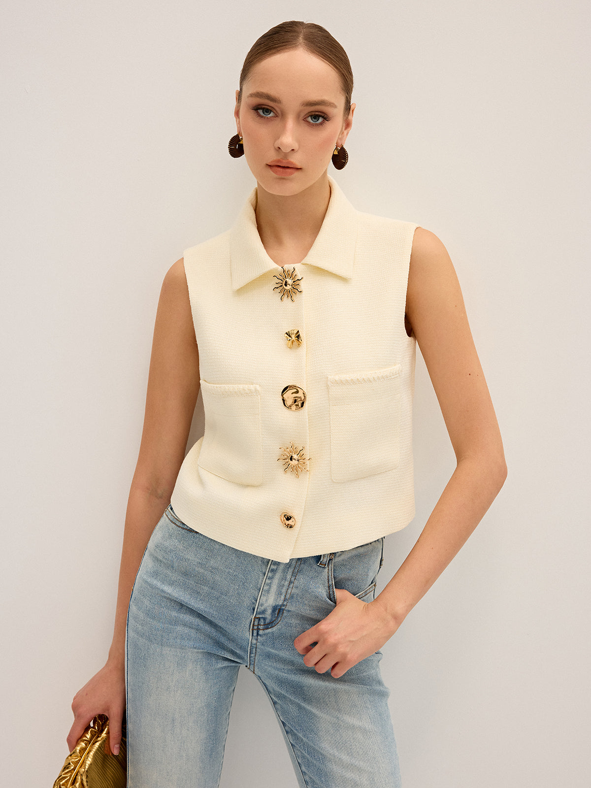 Irregular Metal Button Sleeveless Vest Stylish Casual Summer Top