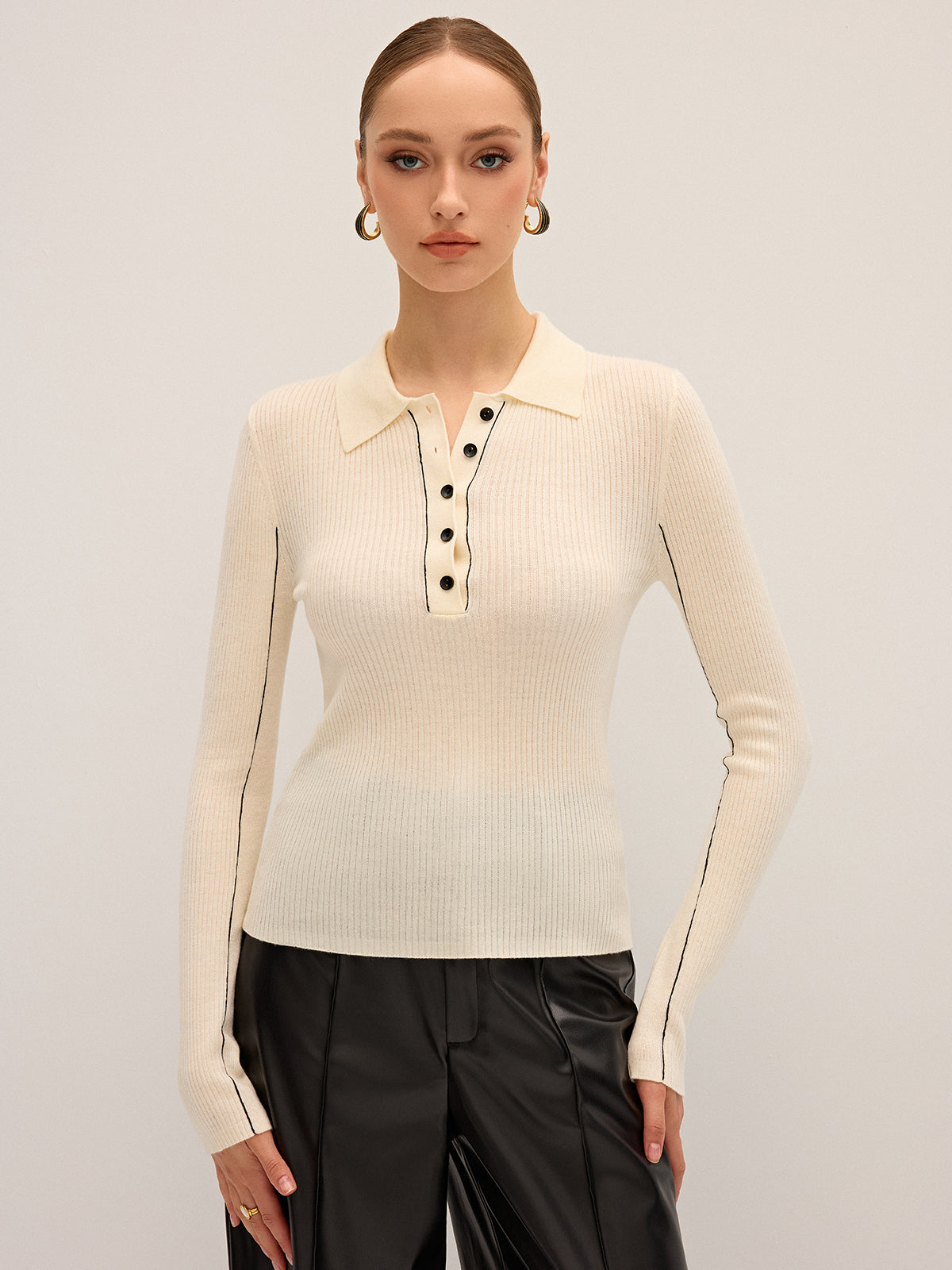 Wool Blend Ribbed Polo Knit Top for Women Comfortable Casual Fit