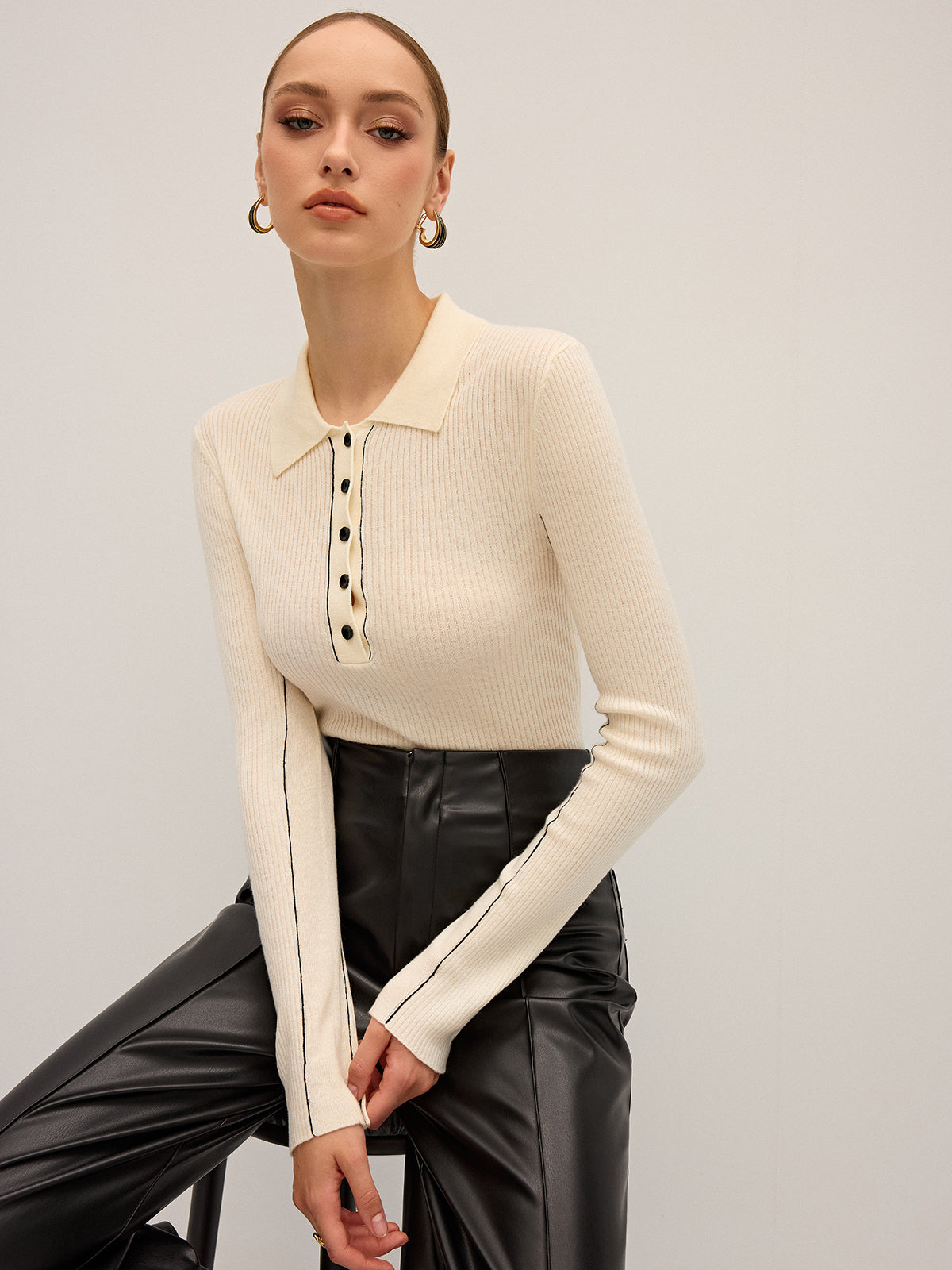 Wool Blend Ribbed Polo Knit Top for Women Comfortable Casual Fit