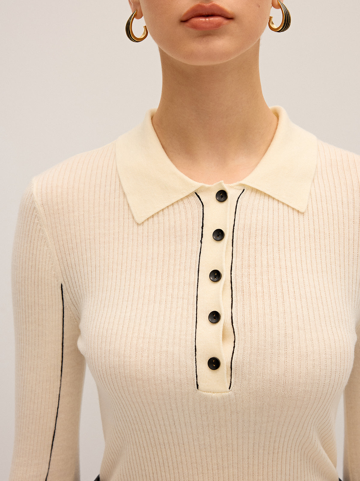 Wool Blend Ribbed Polo Knit Top for Women Comfortable Casual Fit
