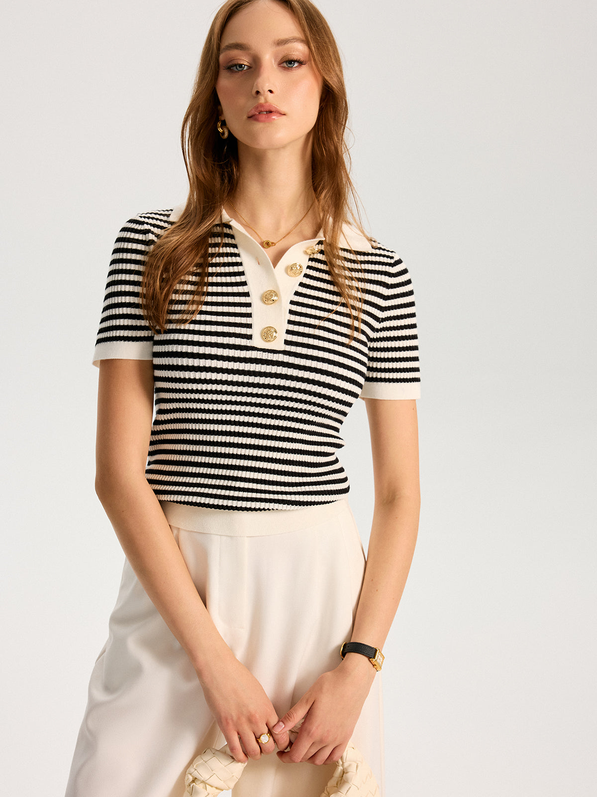 Metal Button Striped Knit Polo Top for Casual Wear