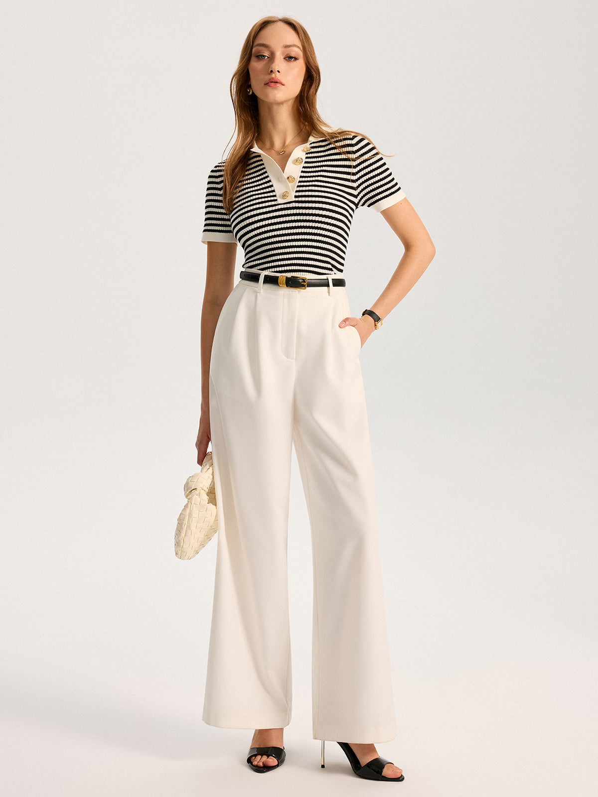 Metal Button Striped Knit Polo Top for Casual Wear
