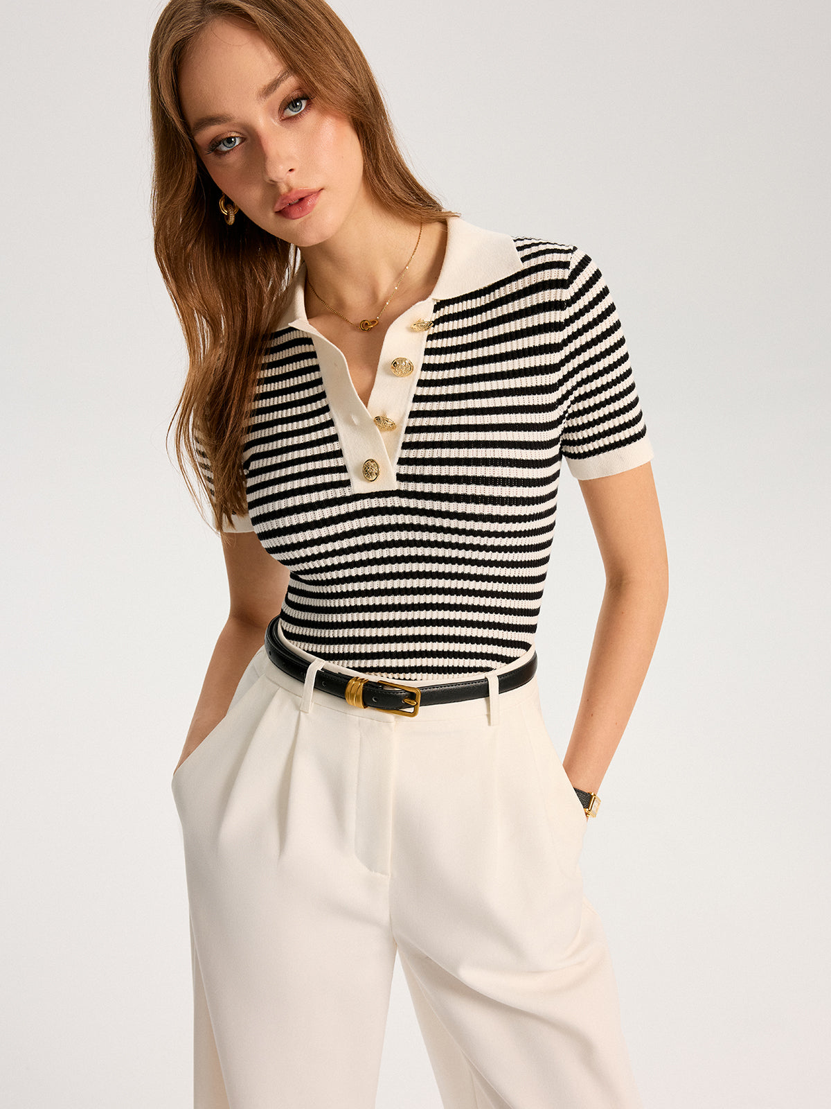 Metal Button Striped Knit Polo Top for Casual Wear