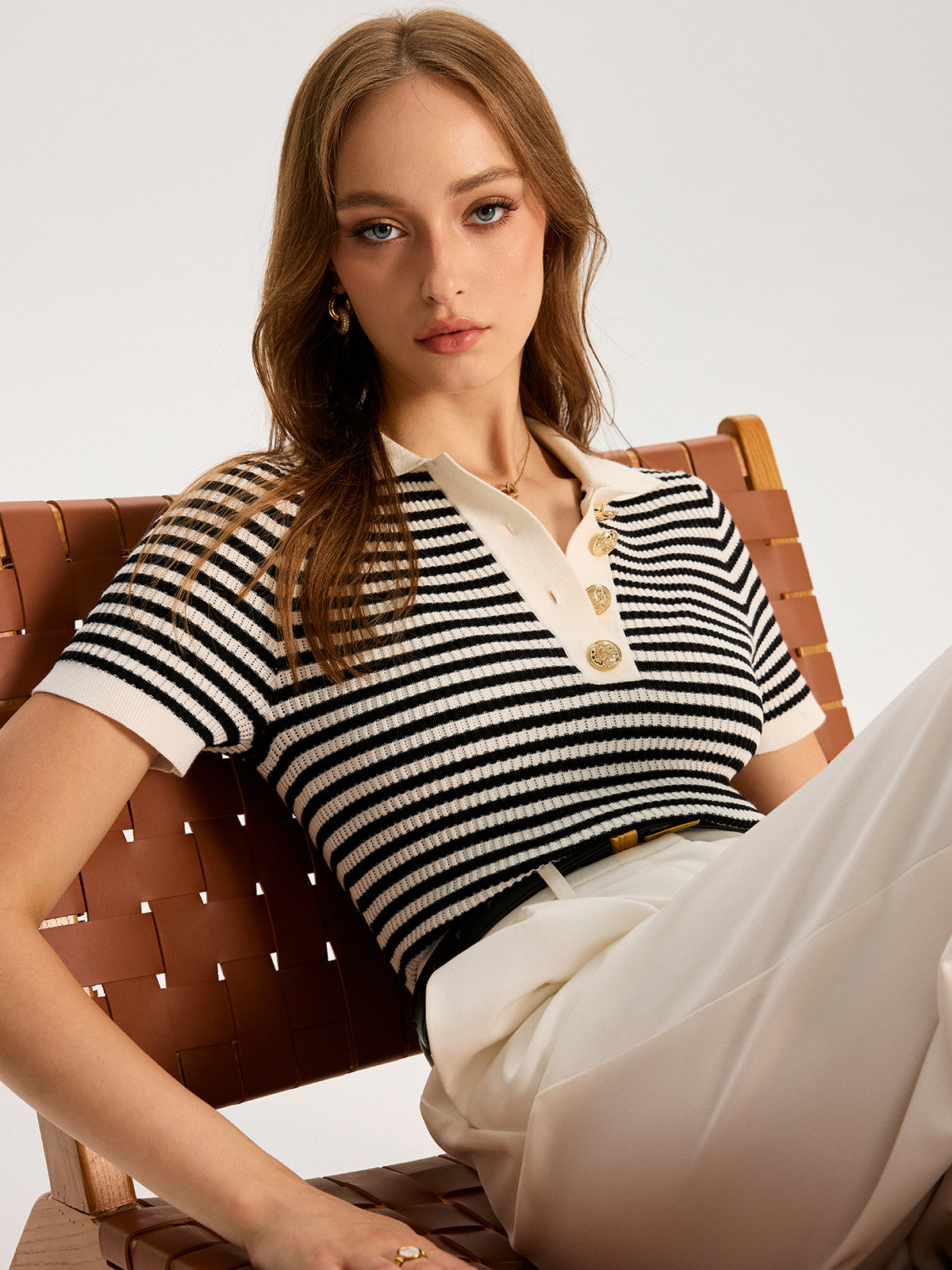 Metal Button Striped Knit Polo Top for Casual Wear