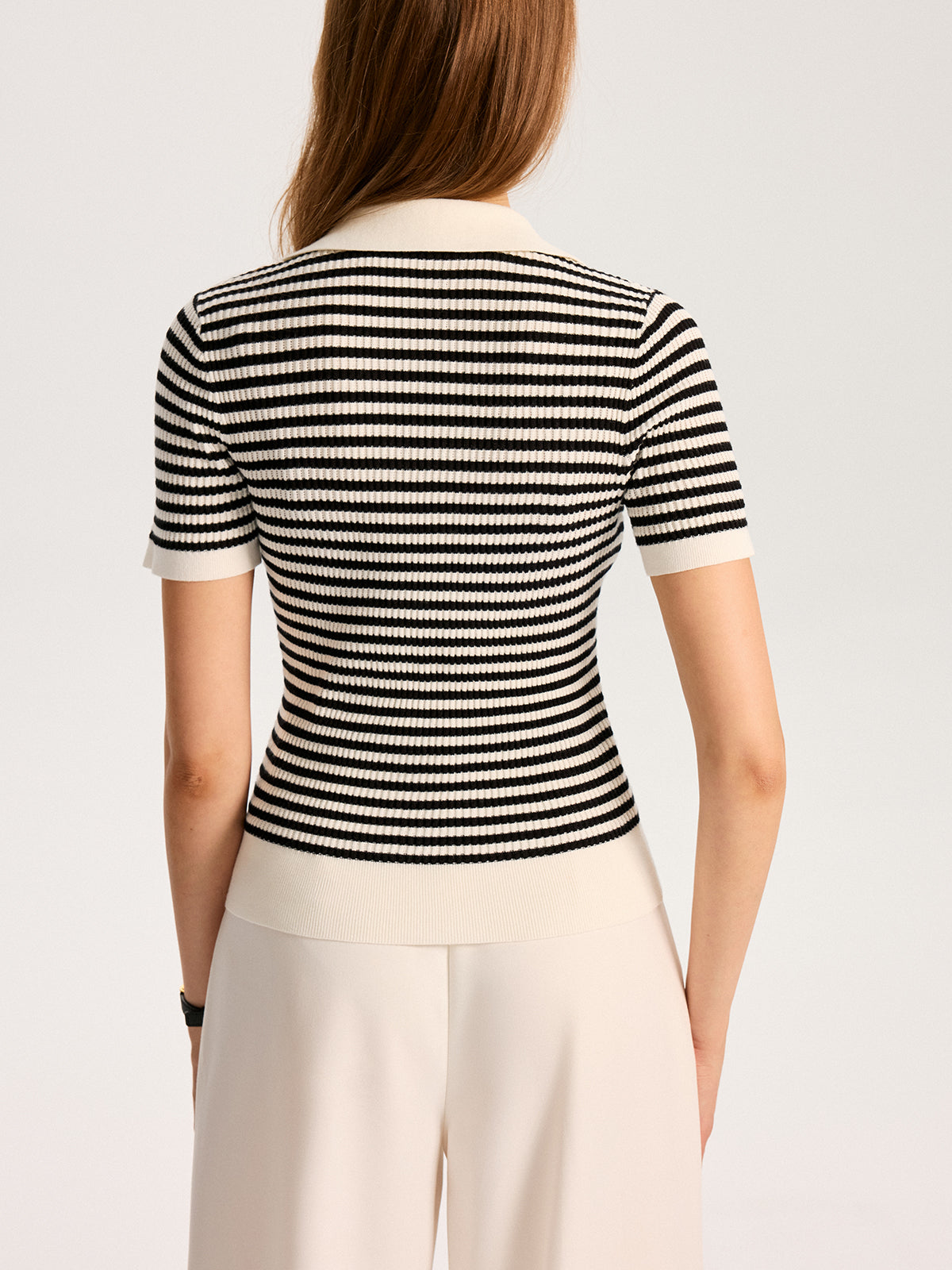 Metal Button Striped Knit Polo Top for Casual Wear