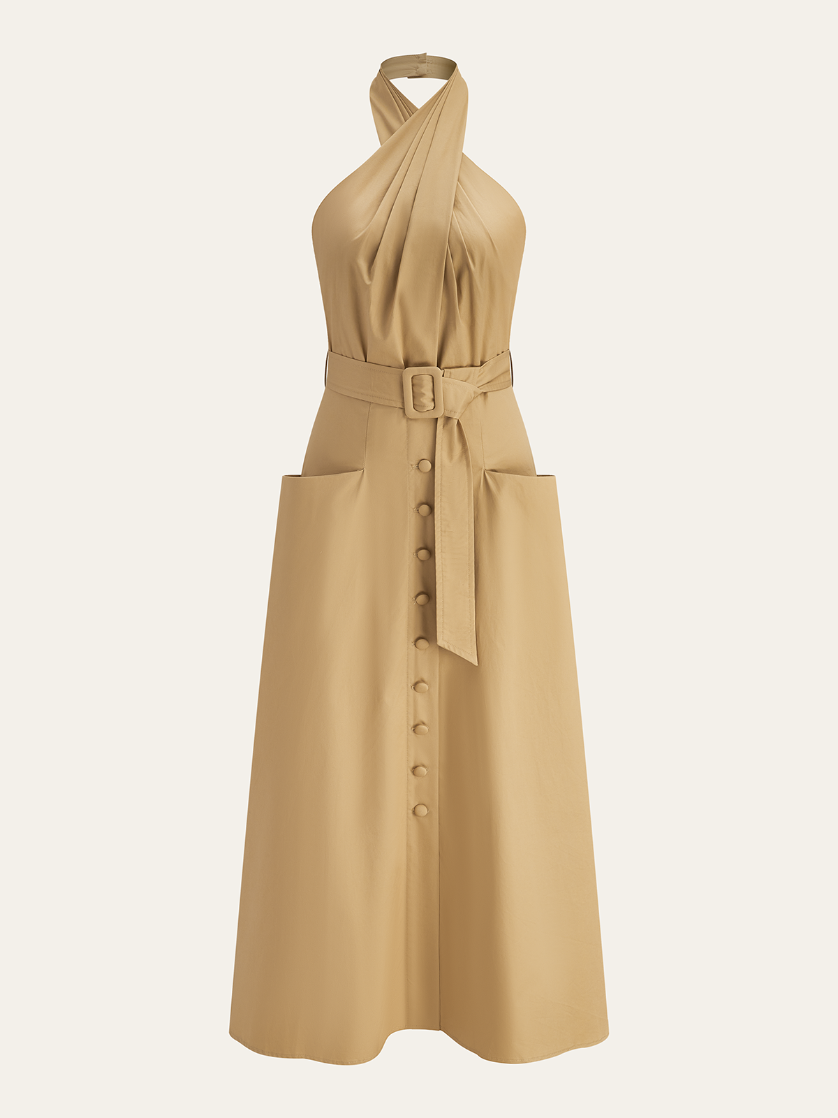 Cotton Pleated Halter Neck Belted Midi Dress with Side Pockets for Women