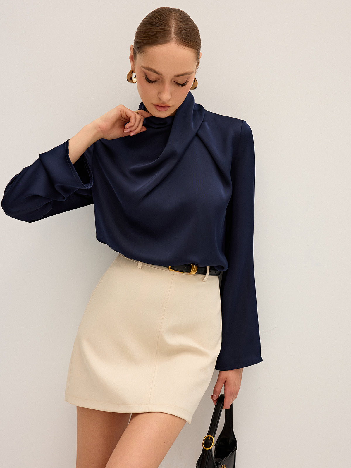 Satin Draped High Neck Blouse for Elegant Evening Wear