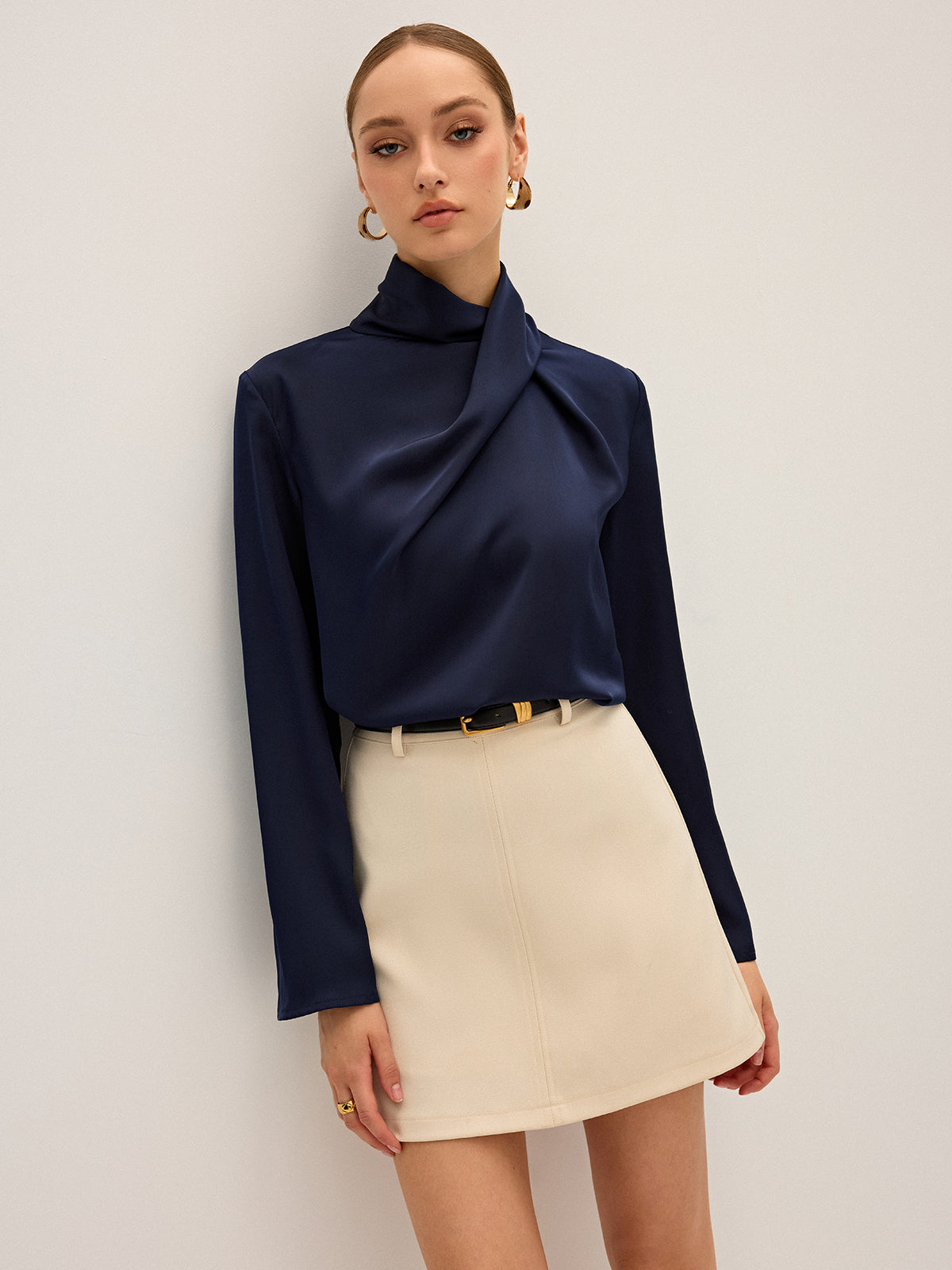 Satin Draped High Neck Blouse for Elegant Evening Wear